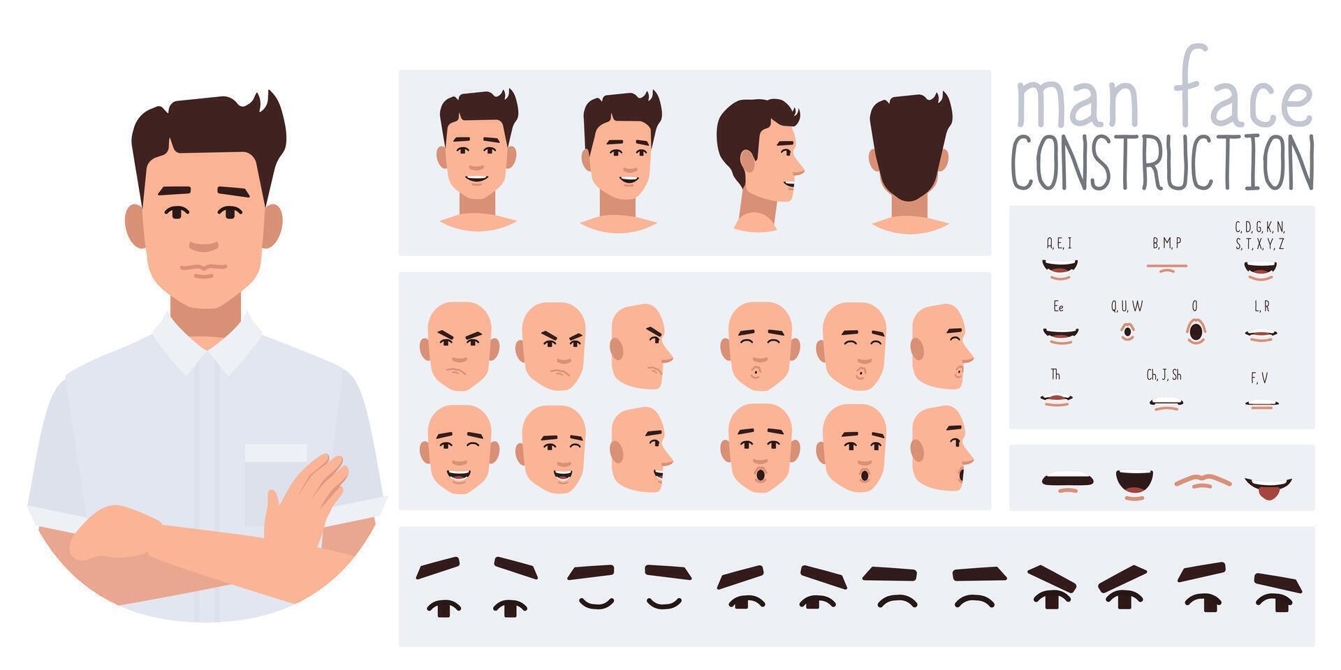 Business man avatar creation suitable for animation. Generator, constructor of diverse views of eyes, lips, emotion expressions mouth animation and lip sync. Male character face construction. vector