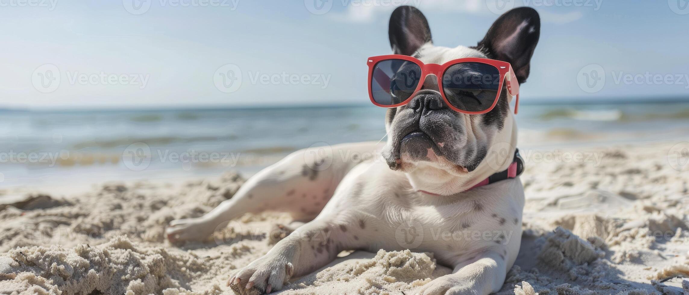 French bulldog enjoying on the sand in the ocean while wearing sunglasses photo