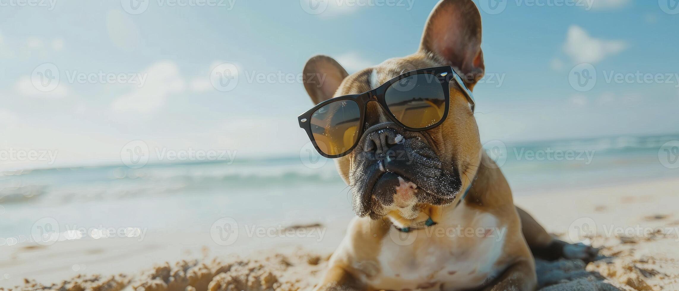 French bulldog enjoying on the sand in the ocean while wearing sunglasses photo