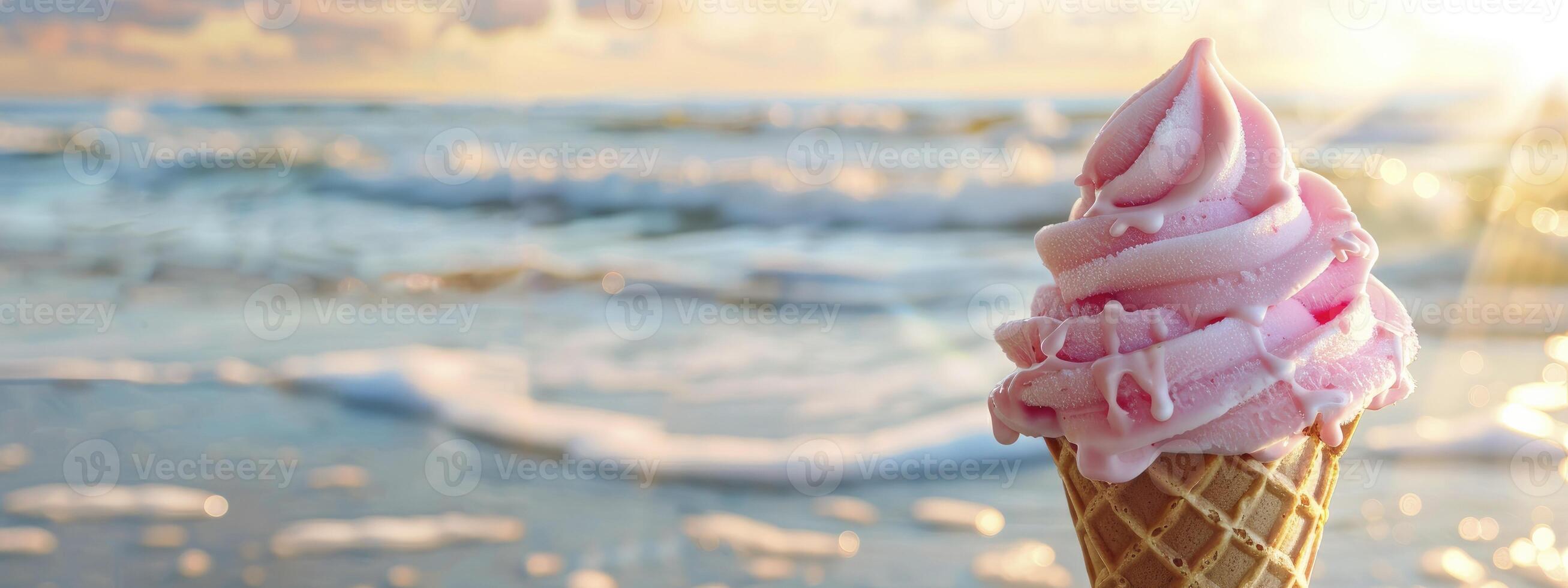 Ice cream cone with pink ice cream on the beach, close up, space for text or product in the style of copyspace photo