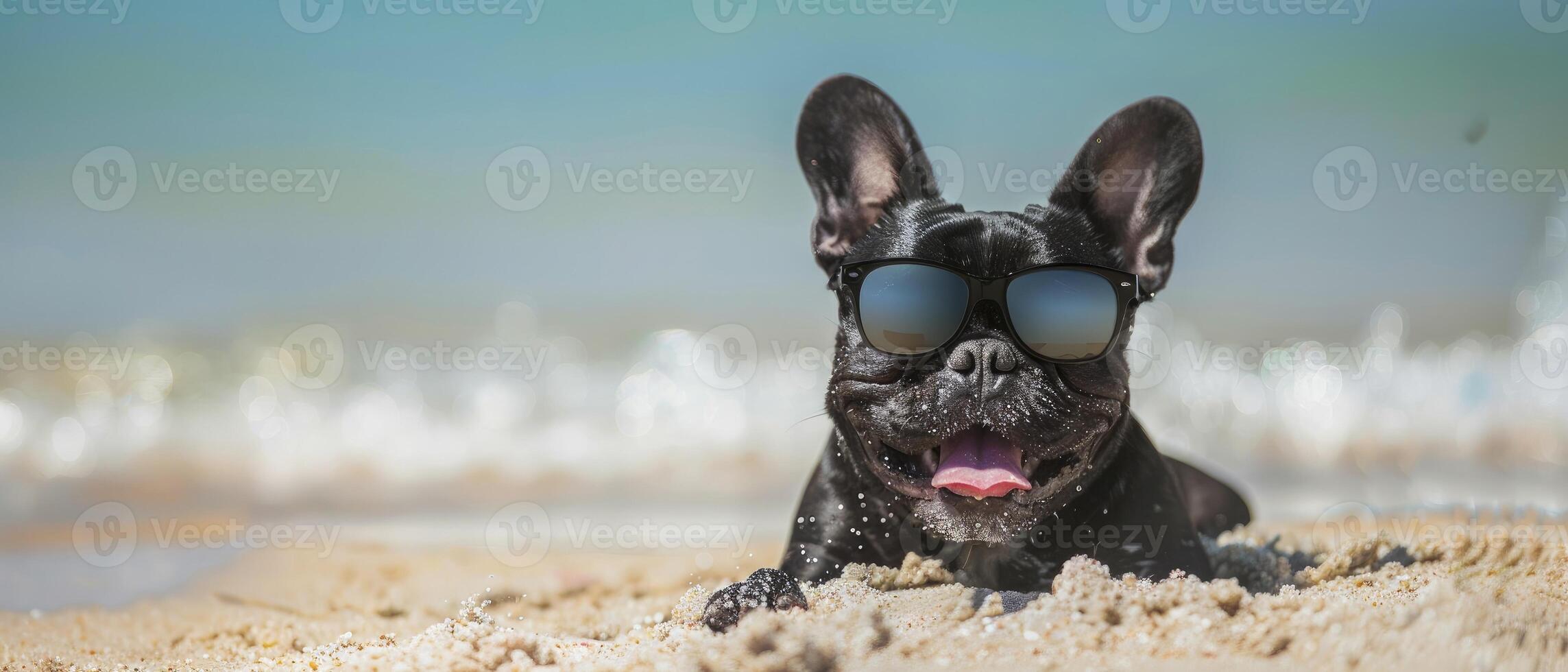 French bulldog enjoying on the sand in the ocean while wearing sunglasses photo