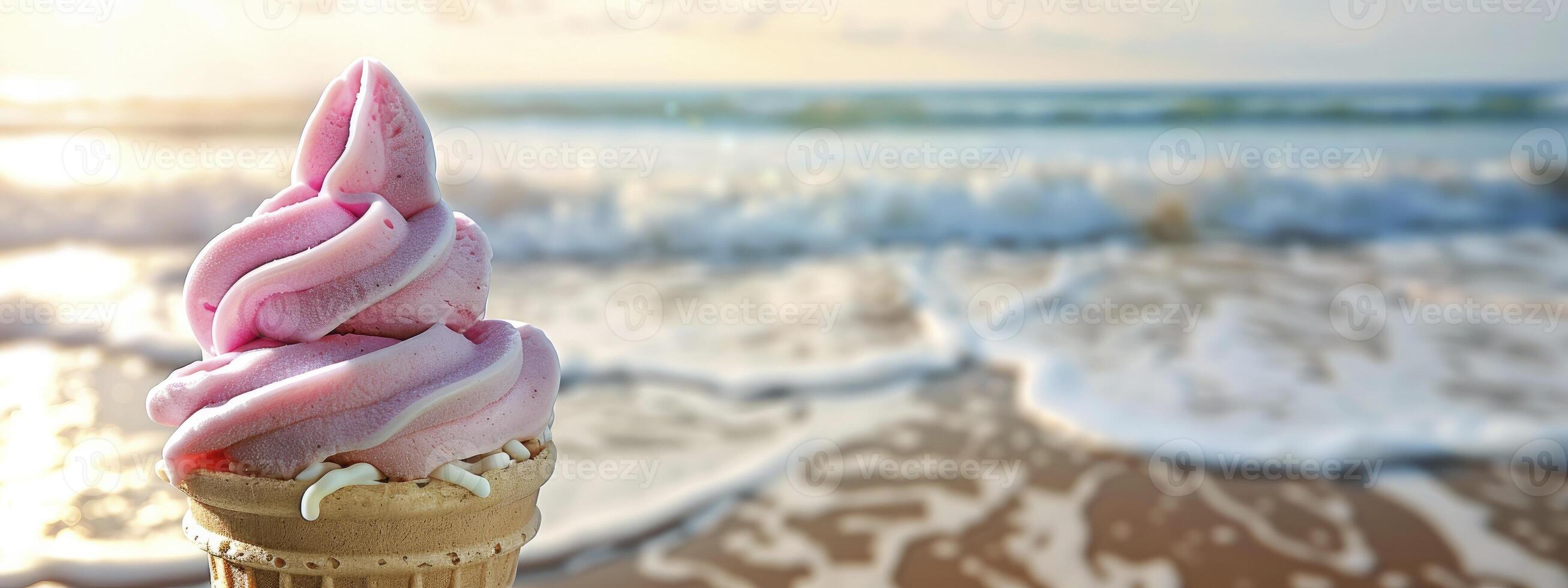 Ice cream cone with pink ice cream on the beach, close up, space for text or product in the style of copyspace photo