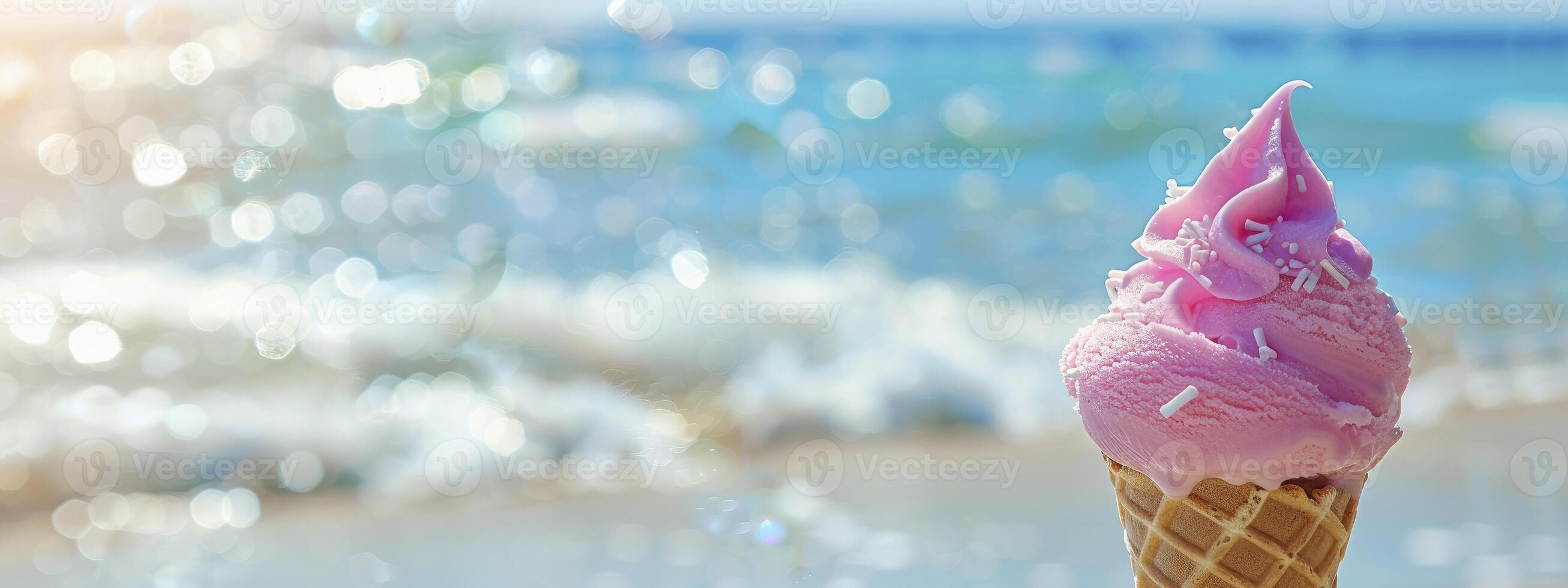 Ice cream cone with pink ice cream on the beach, close up, space for text or product in the style of copyspace photo