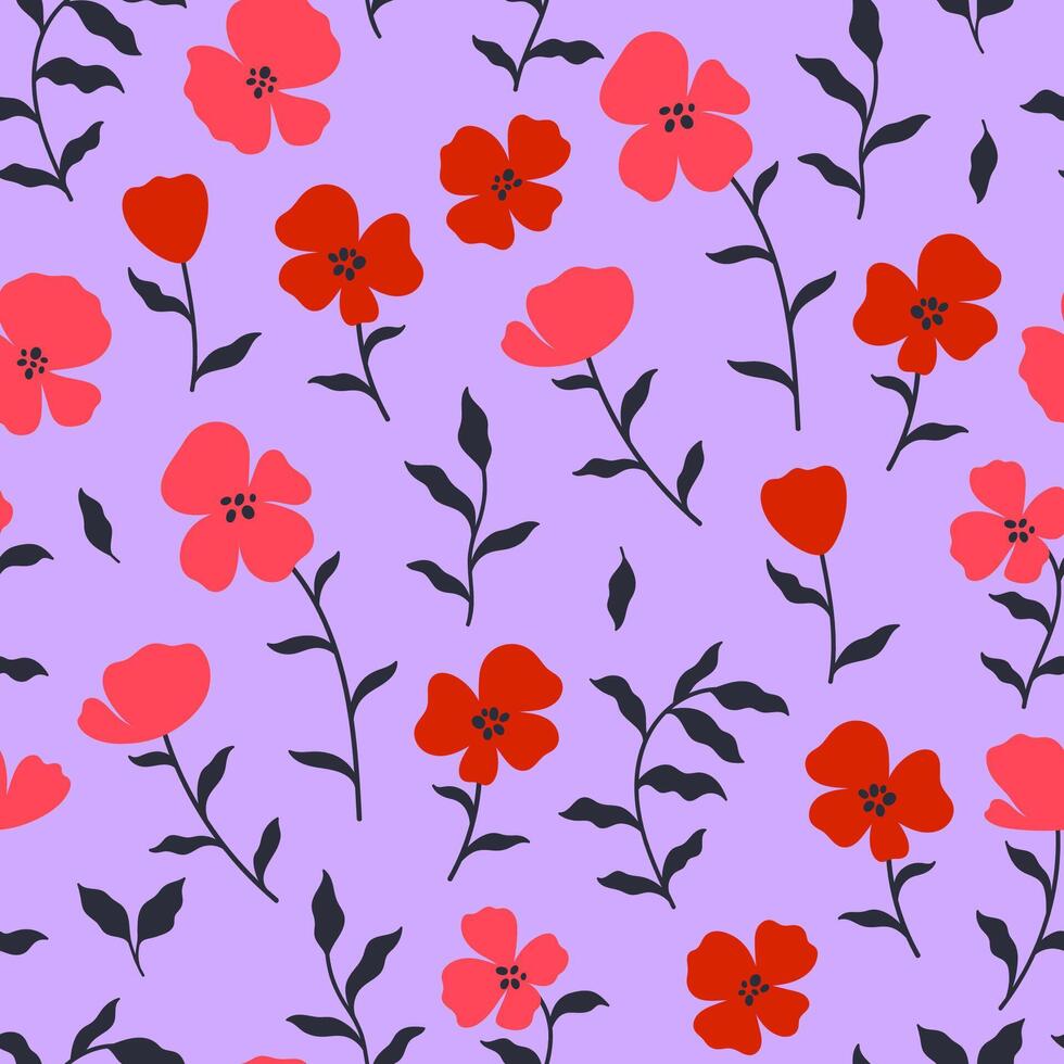 Simple seamless pattern with red flowers on a light purple background. graphics. vector