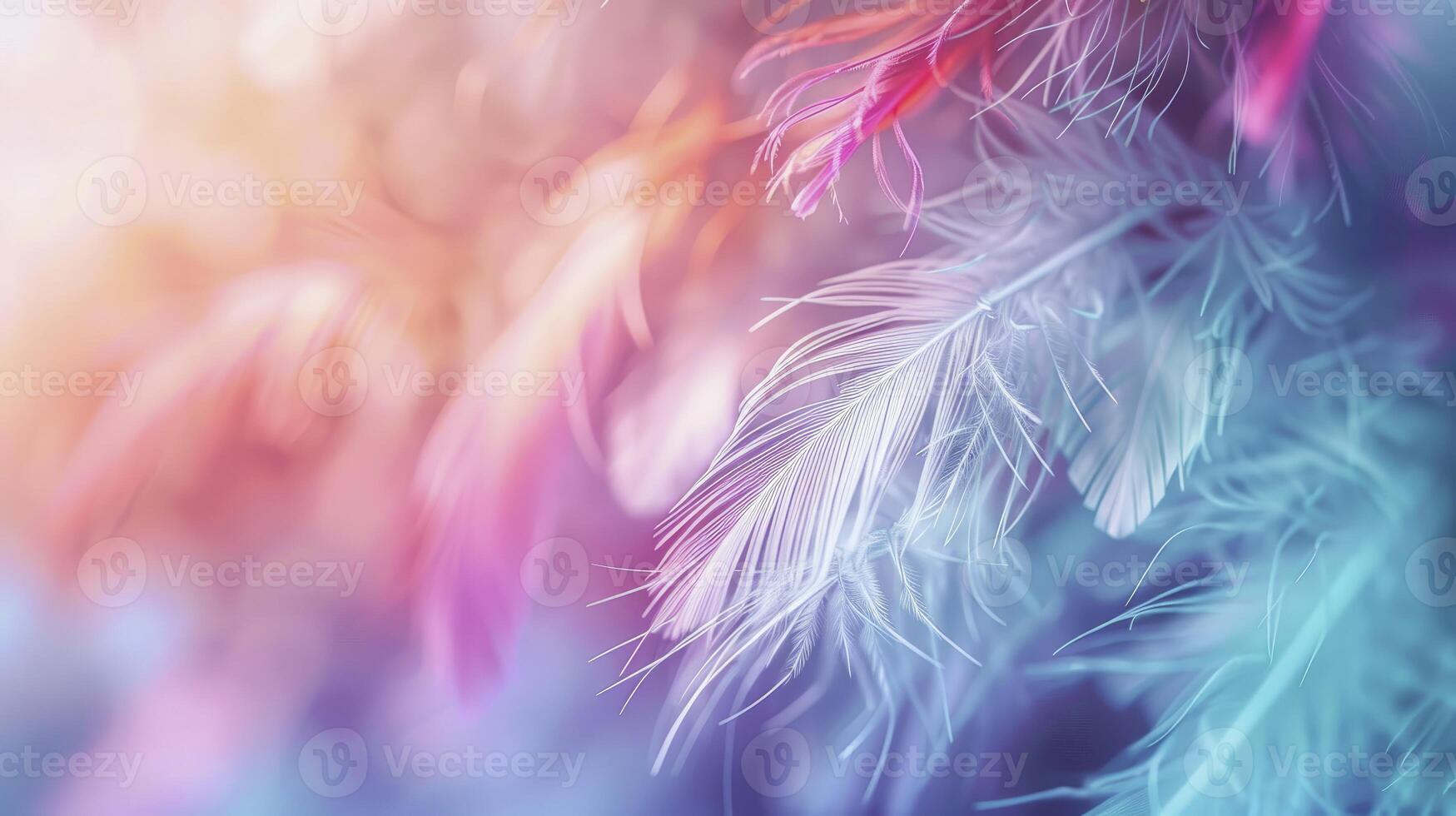 Colorful pastel background with soft feathers in gentle colors, dreamy and ethereal, blurred background for copy space. Abstract nature concept. photo