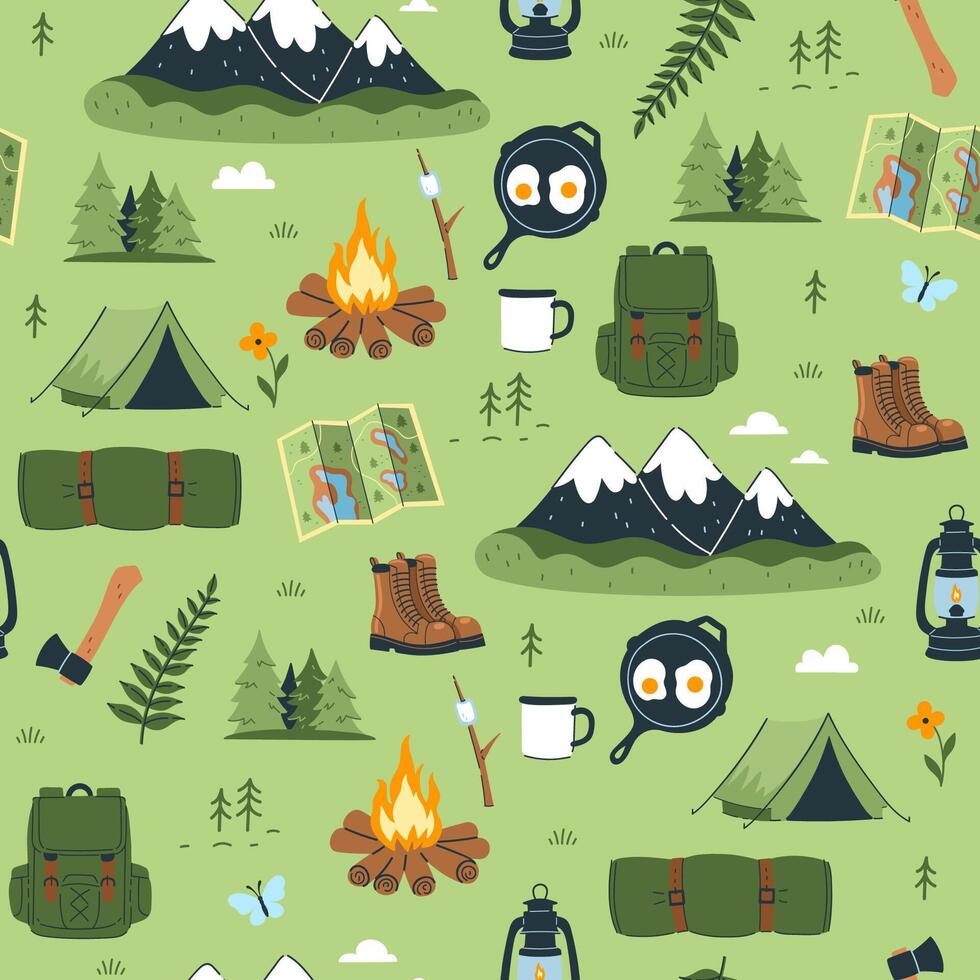 Seamless pattern with various camping items. graphics. vector