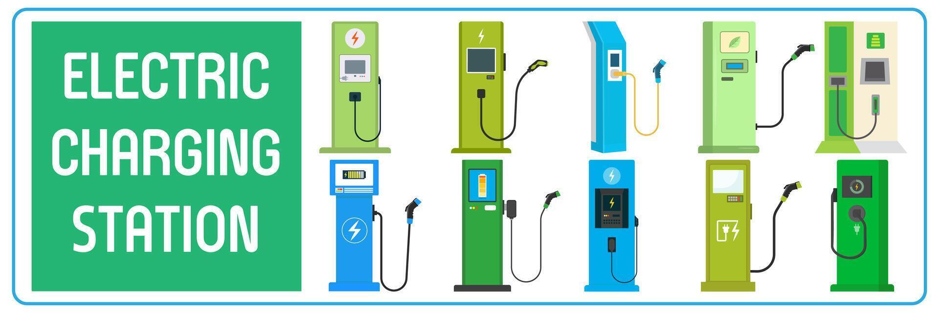 eléctrico vehículo cargando estación íconos colocar. eléctrico cargando estación ilustración. verde energía. vector