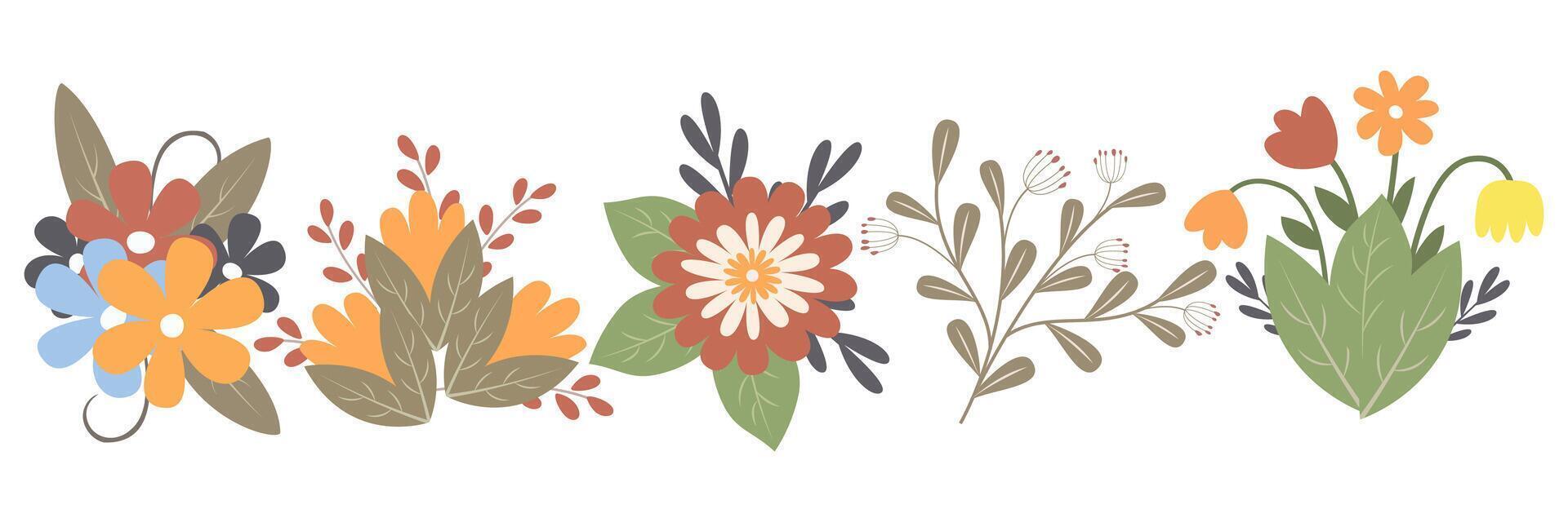 Spring flowers set collection with leaves, floral bouquets. flowers flat. Spring botanical elements. Happy Easter. Folk style. Spring holiday. vector