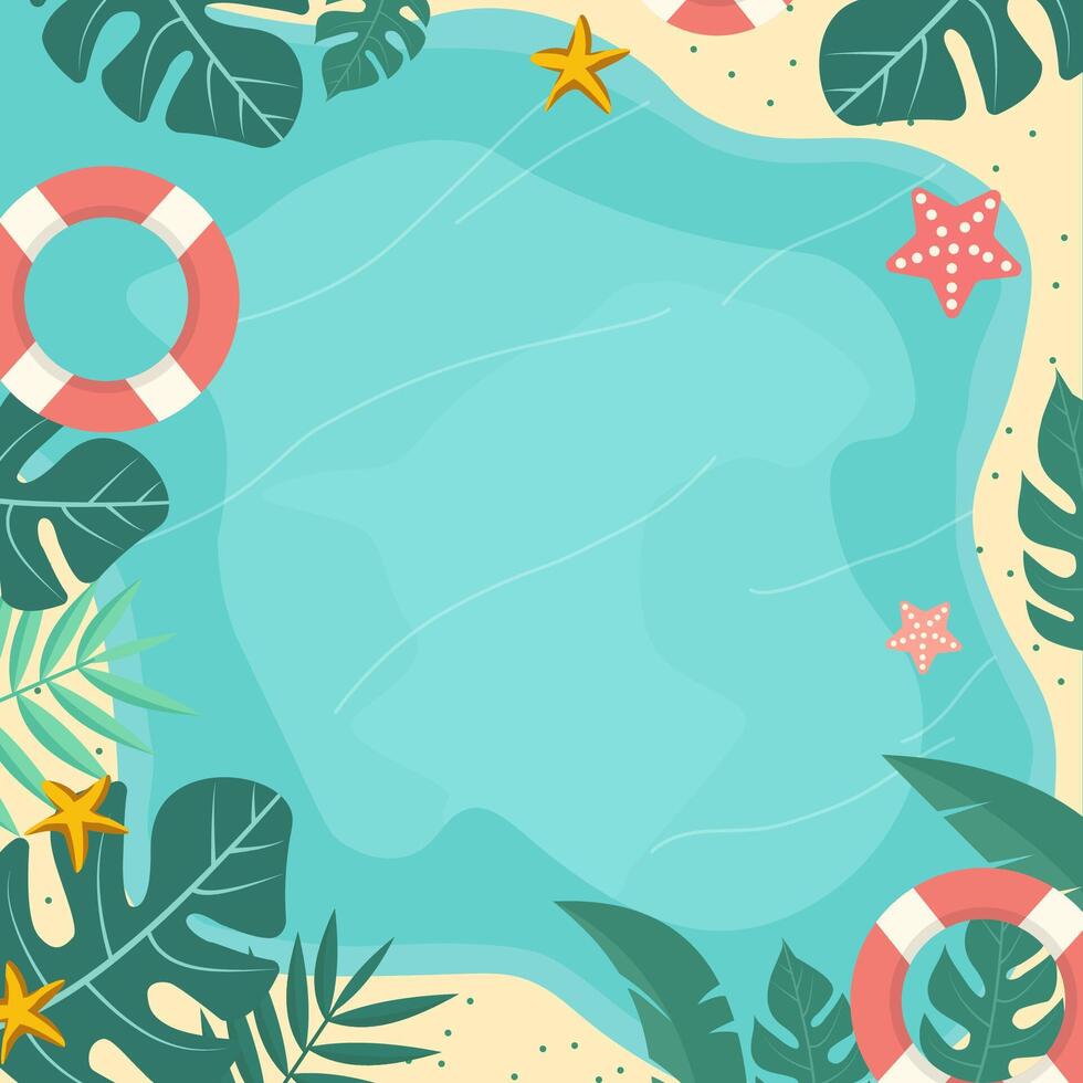 Top View of Summer Beach Pool Frame Background for Holiday Vacation with Leaves vector