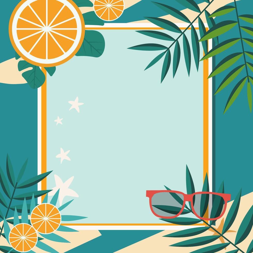 Summer Line Frame Background with Tropical Leaf Orange and Copy Space vector