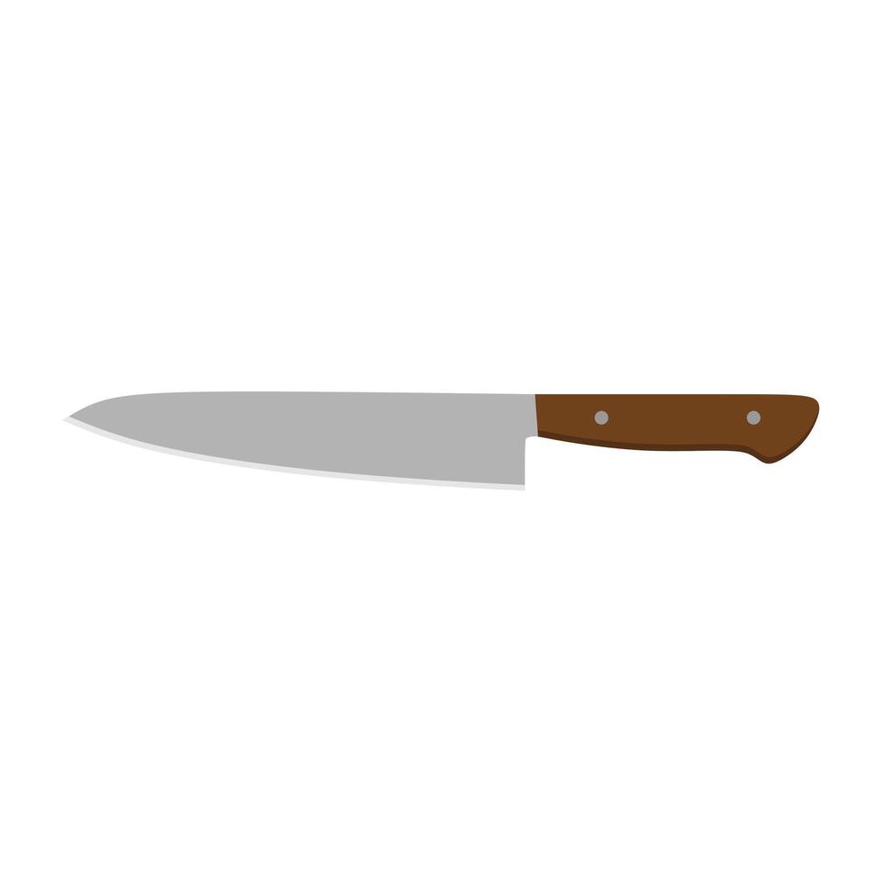 Gyuto Japanese Chef's Knife flat design illustration isolated on white background. A traditional Japanese kitchen knife with a steel blade and wooden handle. vector