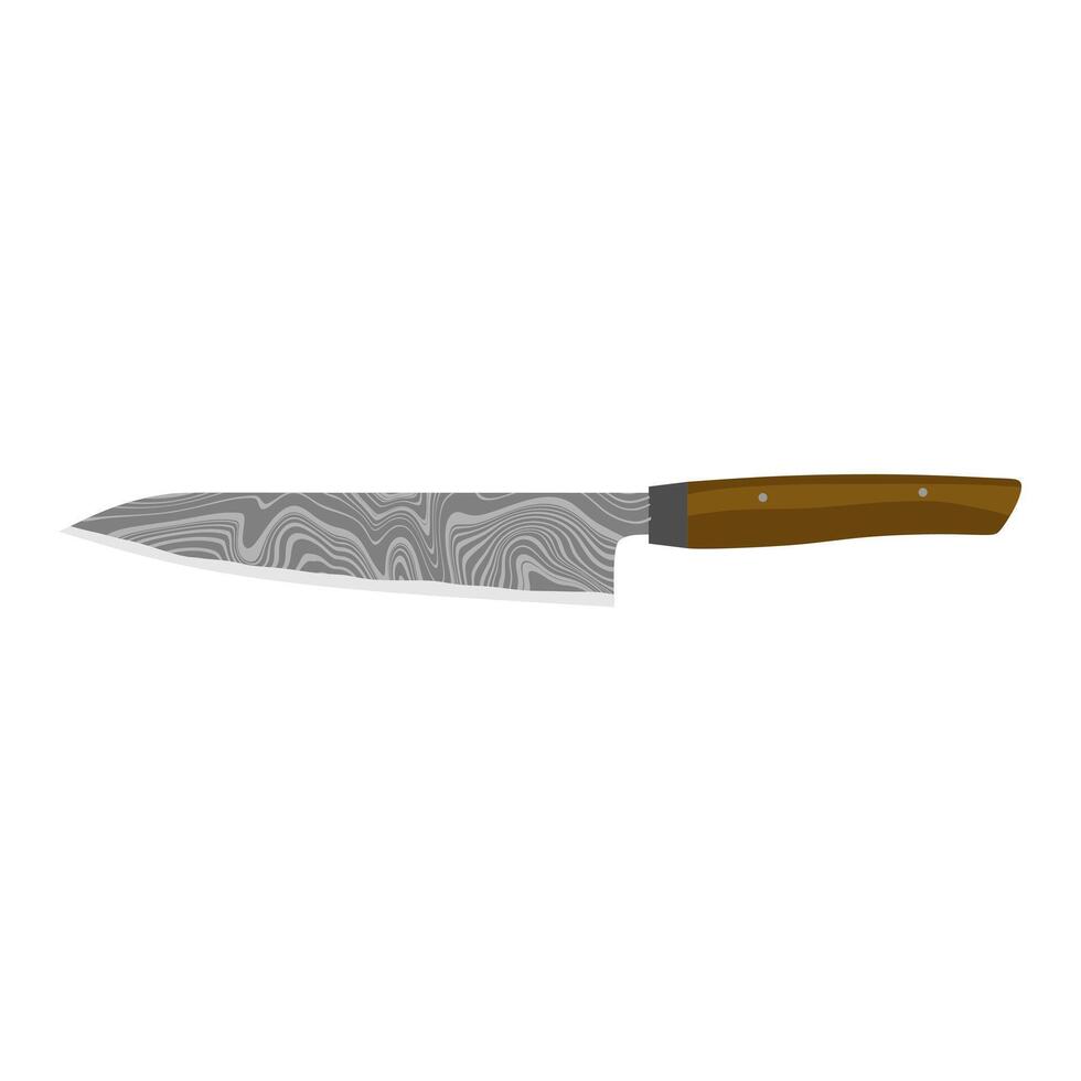 Gyuto Japanese Chef's Knife flat design illustration isolated on white background. A traditional Japanese kitchen knife with a steel blade and wooden handle. vector