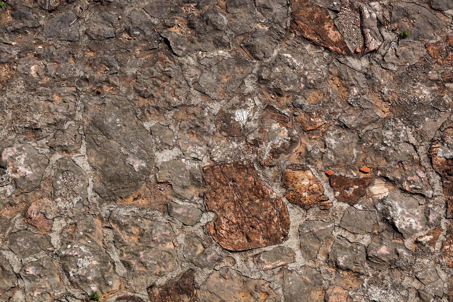 Stone texture of a wall in Montenegro. An ancient wall made of brown coloured stones. Background. Template. For design. Horizontal. photo