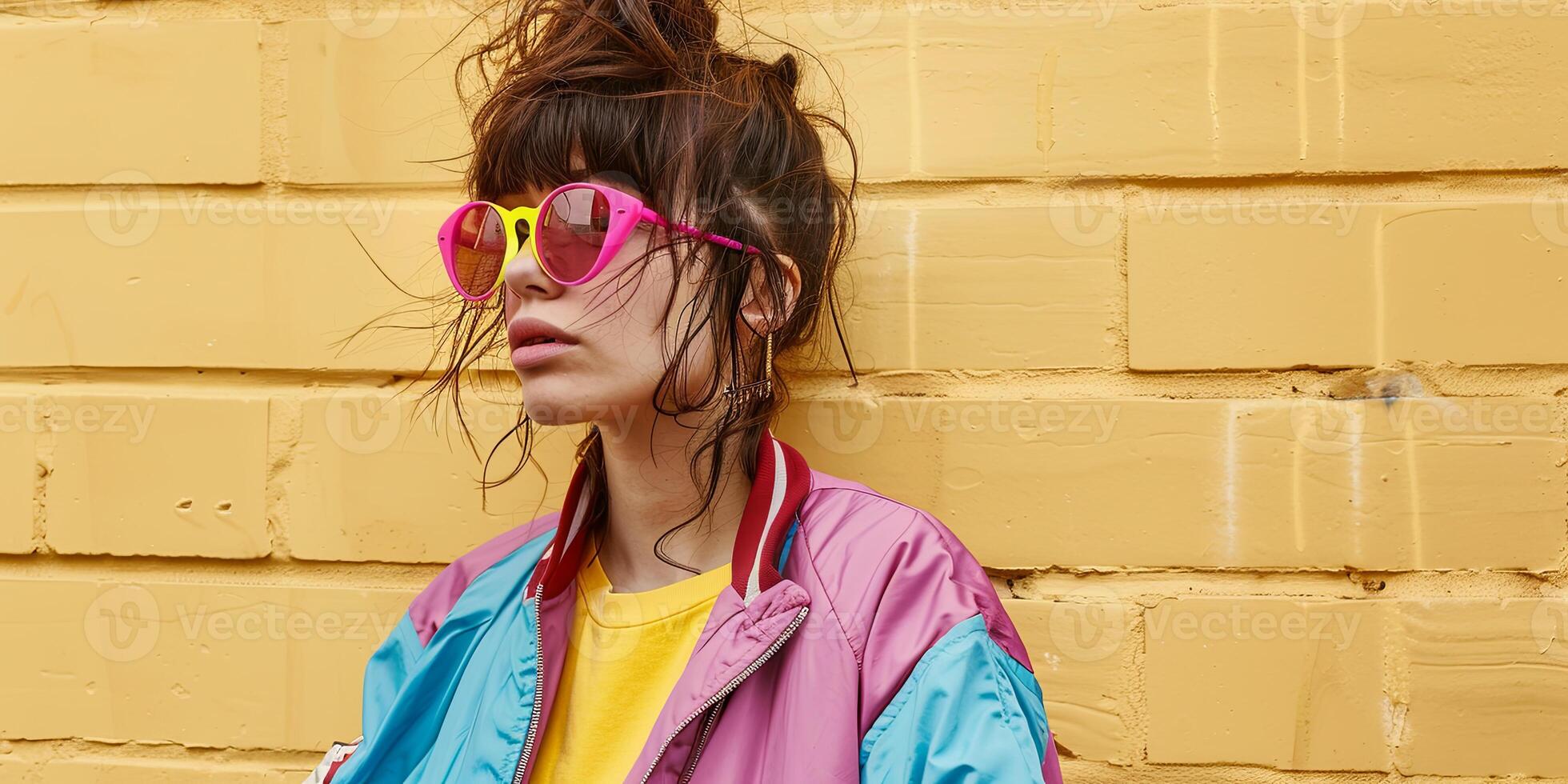 close up portrait of girl wearing colorful windbreaker jacket, photo