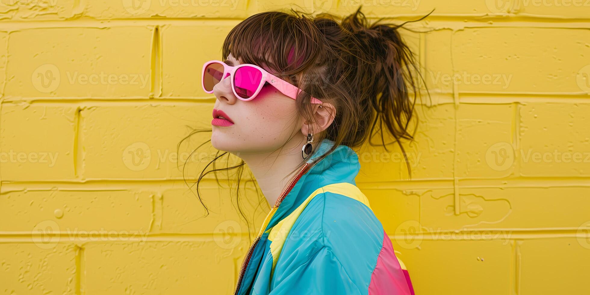 close up portrait of girl wearing colorful windbreaker jacket, photo