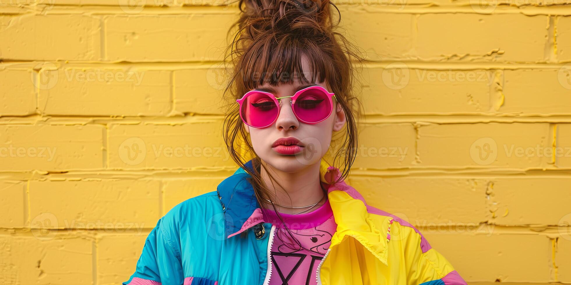 close up portrait of girl wearing colorful windbreaker jacket, photo