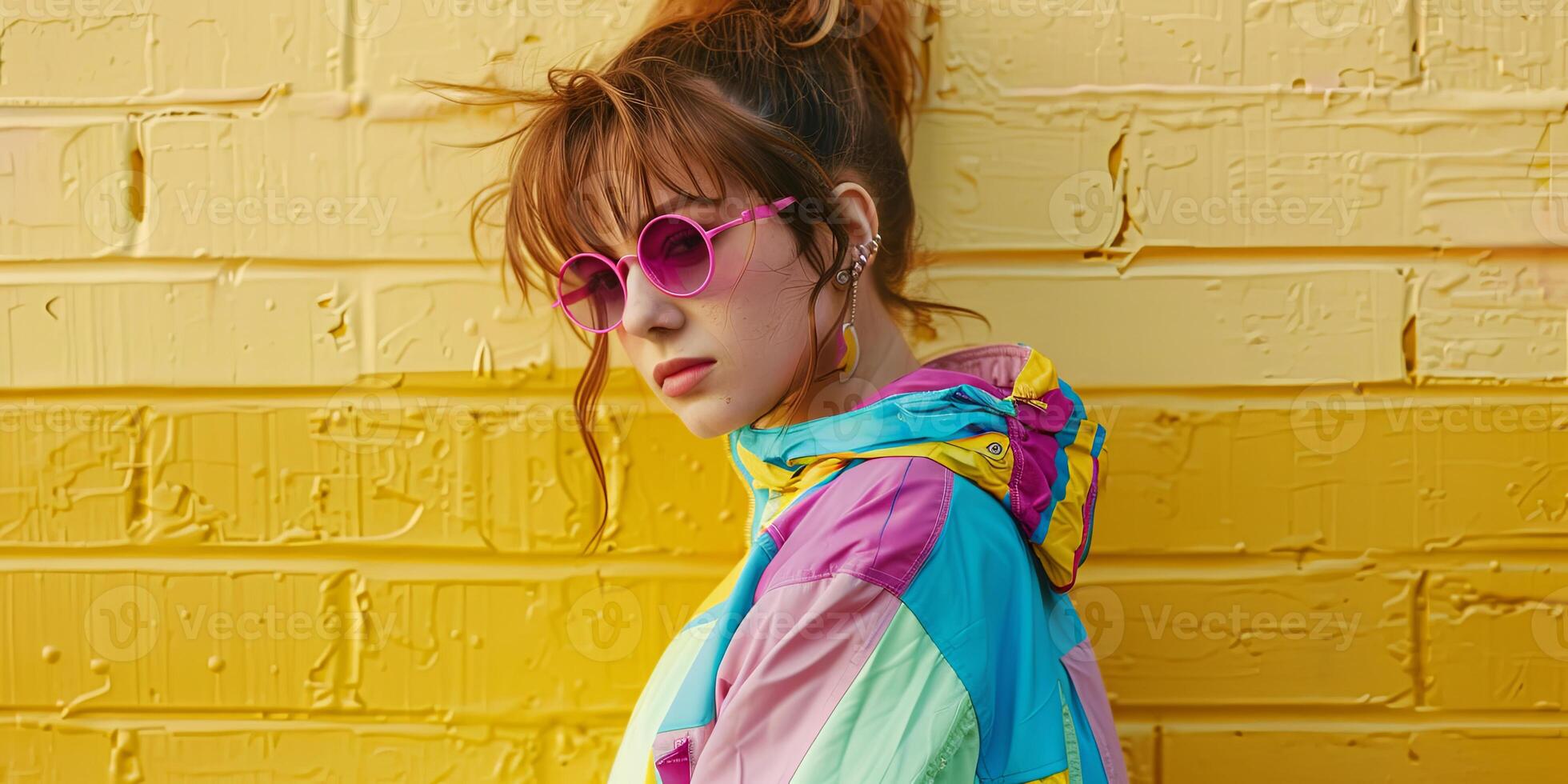 close up portrait of girl wearing colorful windbreaker jacket, photo
