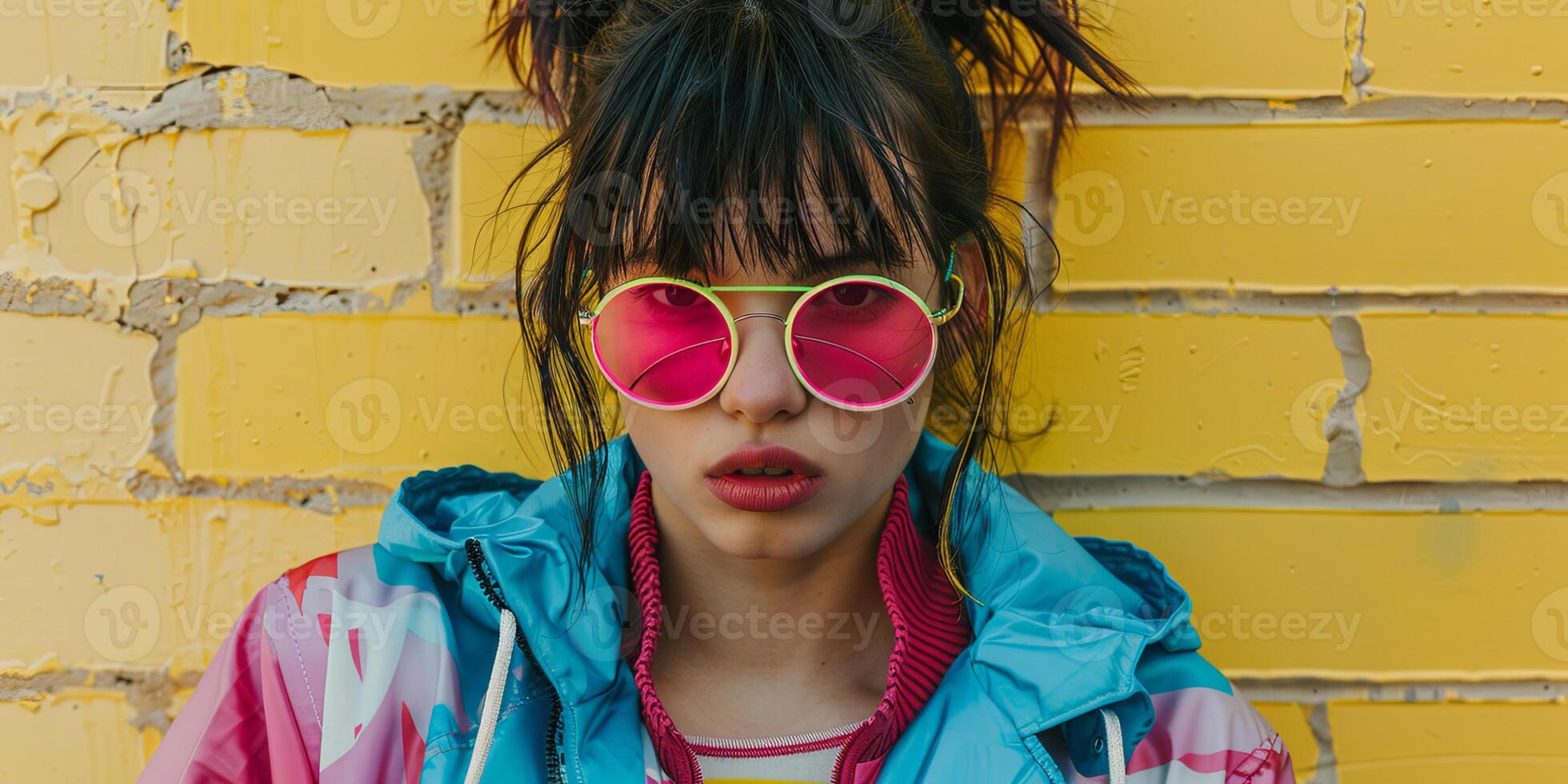 close up portrait of girl wearing colorful windbreaker jacket, photo