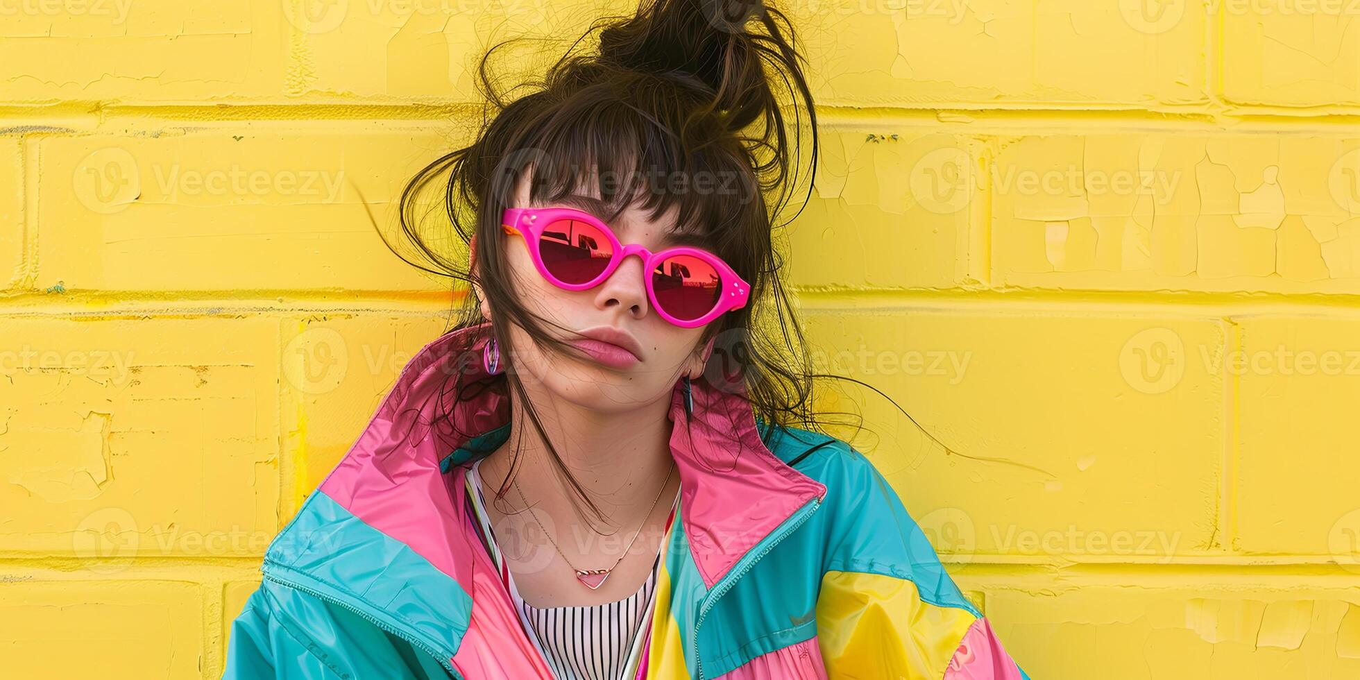 close up portrait of girl wearing colorful windbreaker jacket, photo