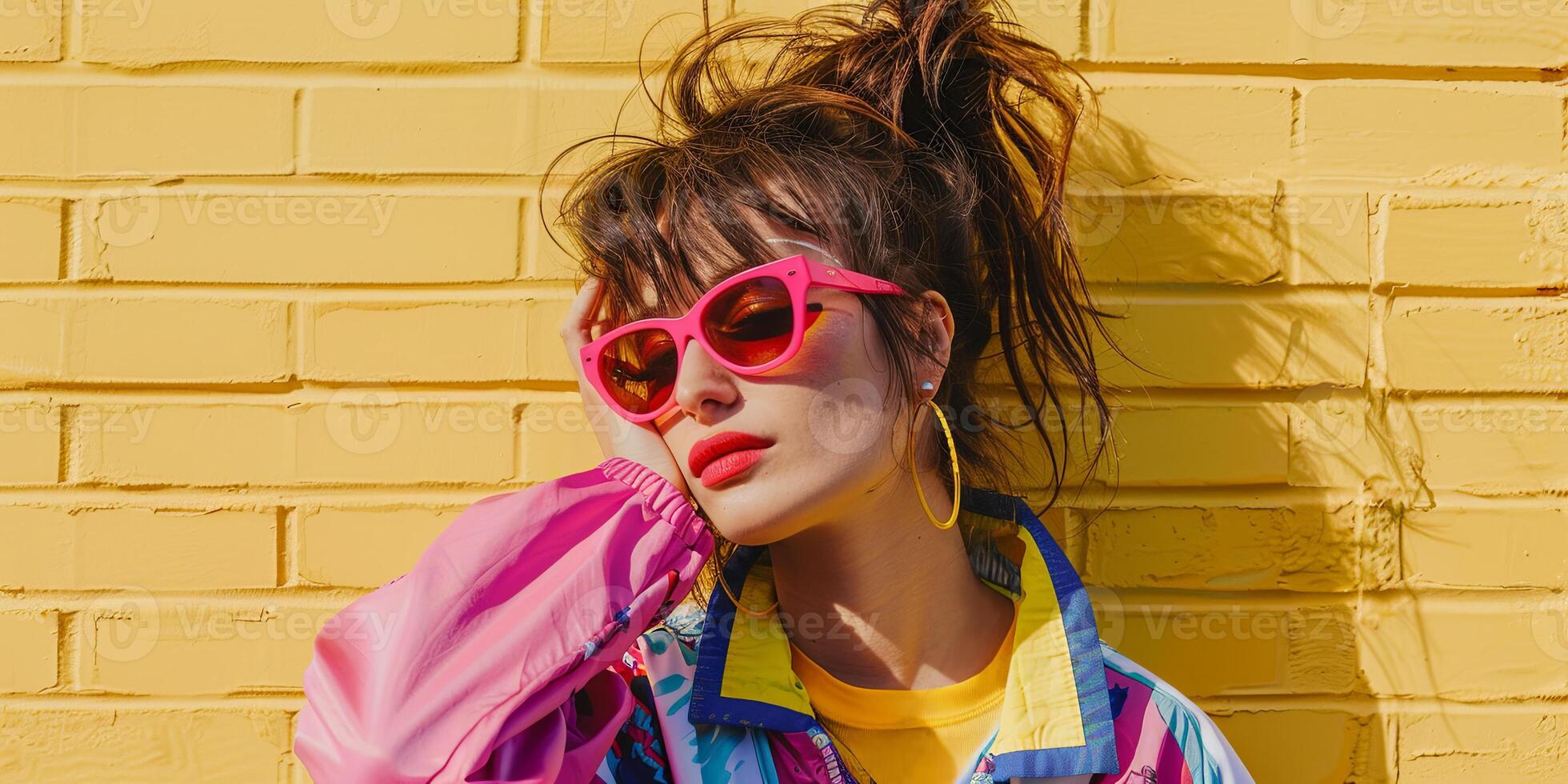 close up portrait of girl wearing colorful windbreaker jacket, photo