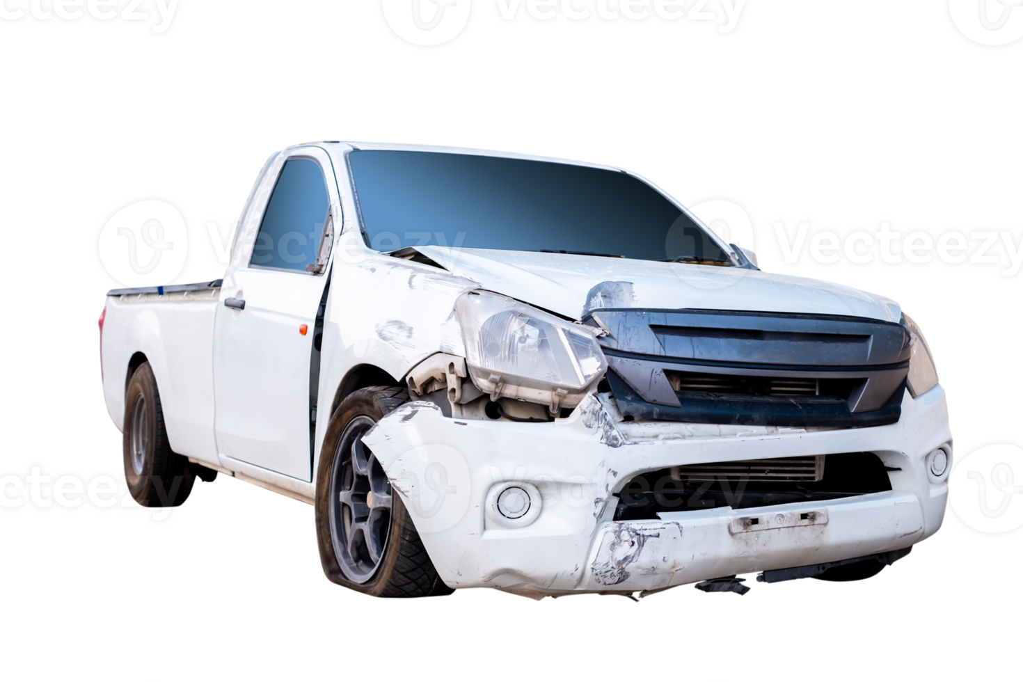 Car crash, Front and Side view of white pickup car get hard damaged by accident on the road. damaged cars after collision. isolated on transparent background, File png