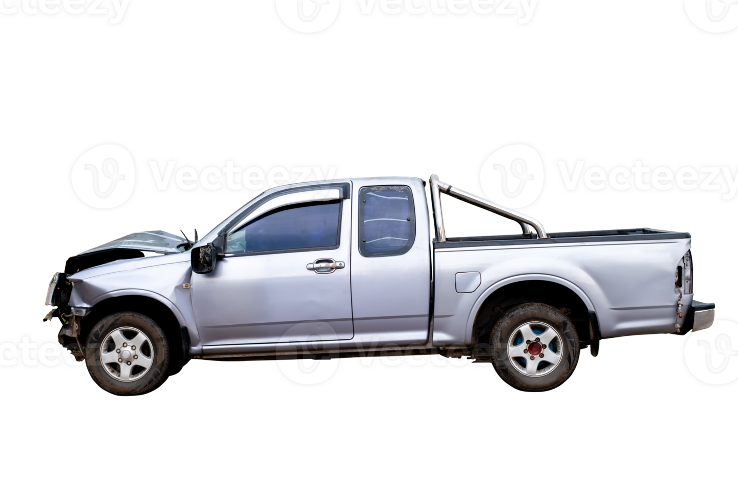 Side view of black pickup truck car get damaged by accident on the road. damaged cars after collision. isolated on transparent background, Car and casualty insurance, File png