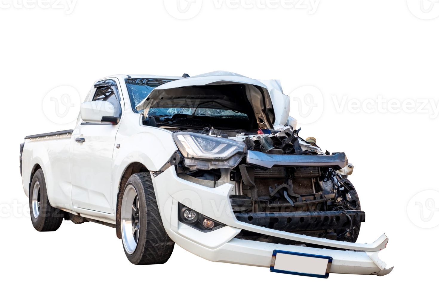 Car crash, Front and Side view of white pickup car get hard damaged by accident on the road. damaged cars after collision. isolated on transparent background, File png