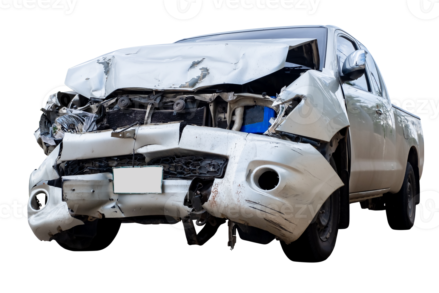 Front of gray or bronze pickup car get damaged by accident on the road. damaged cars after collision. isolated on transparent background, File png