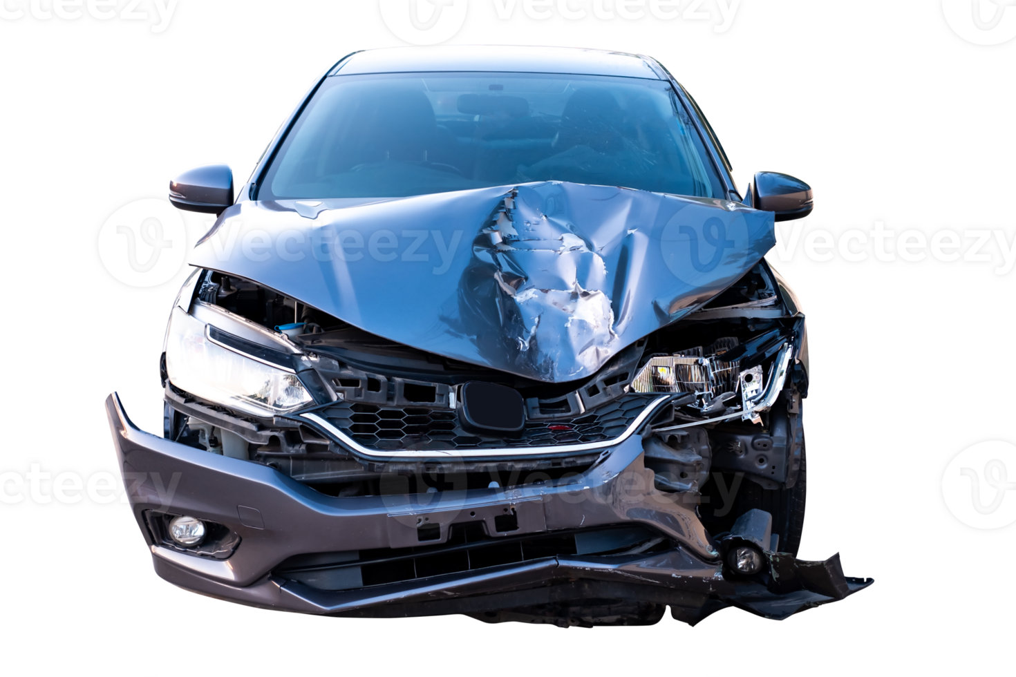 Car crash, Front view of modern black car get damaged by accident on the road. damaged cars after collision. isolated on transparent background, File png