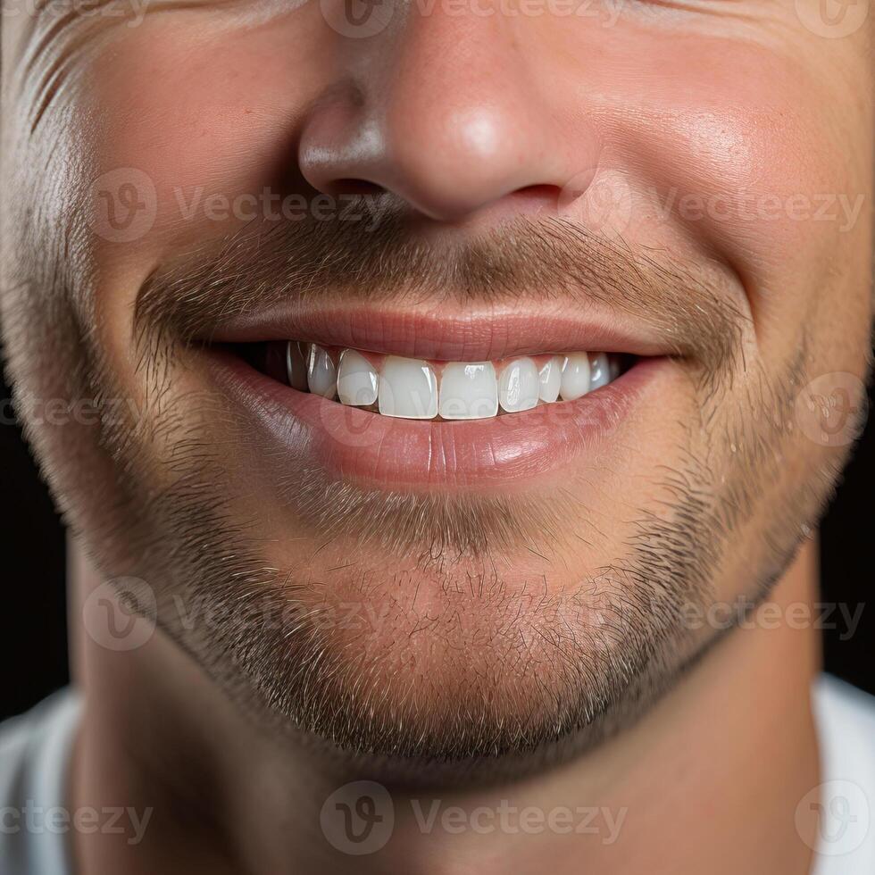 Close-up of snow-white and straight teeth of a young Caucasian man. photo