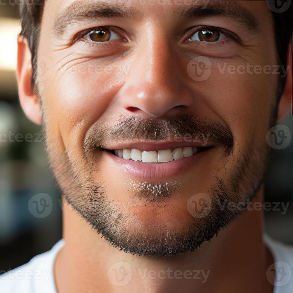 Close-up of snow-white and straight teeth of a young Caucasian man. photo