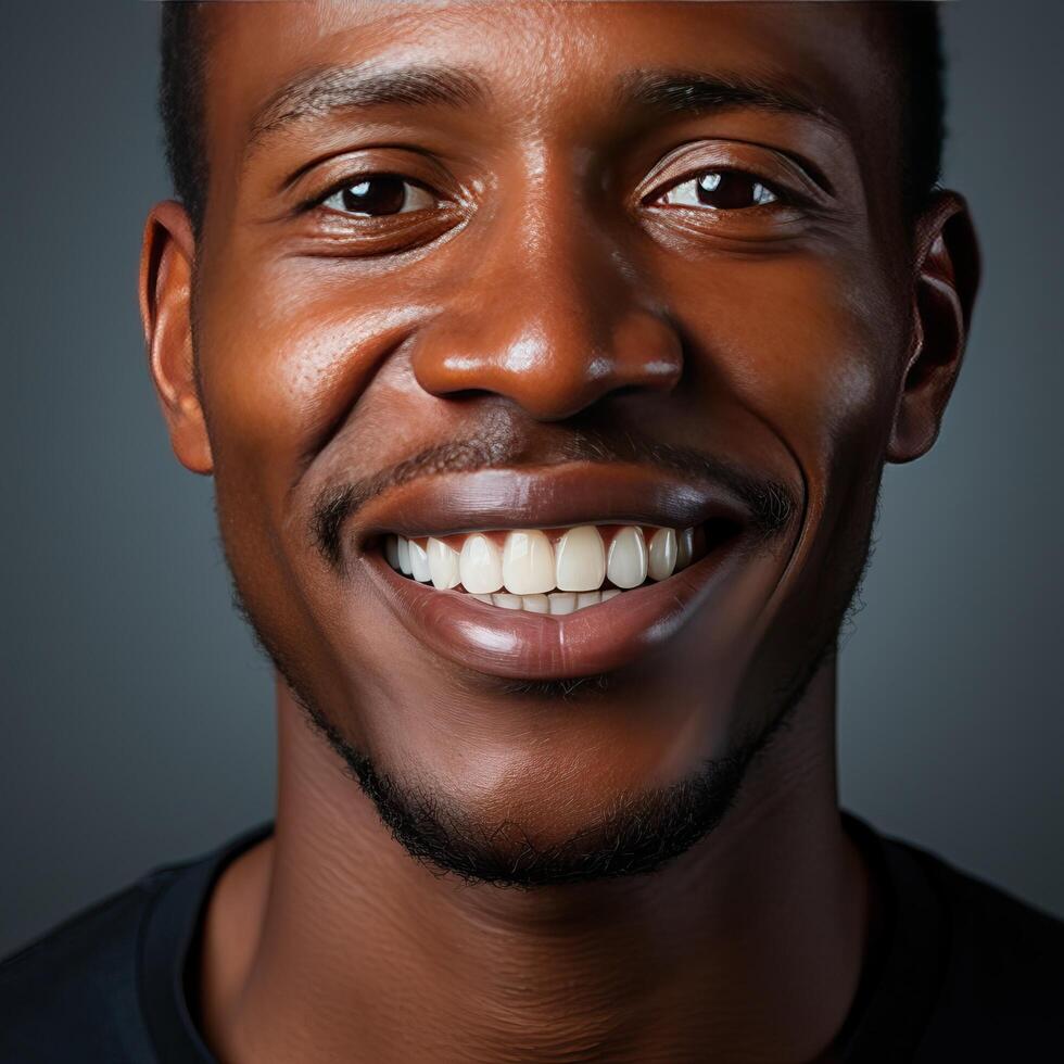 Close-up of the head of an African man with a snow-white smile. photo