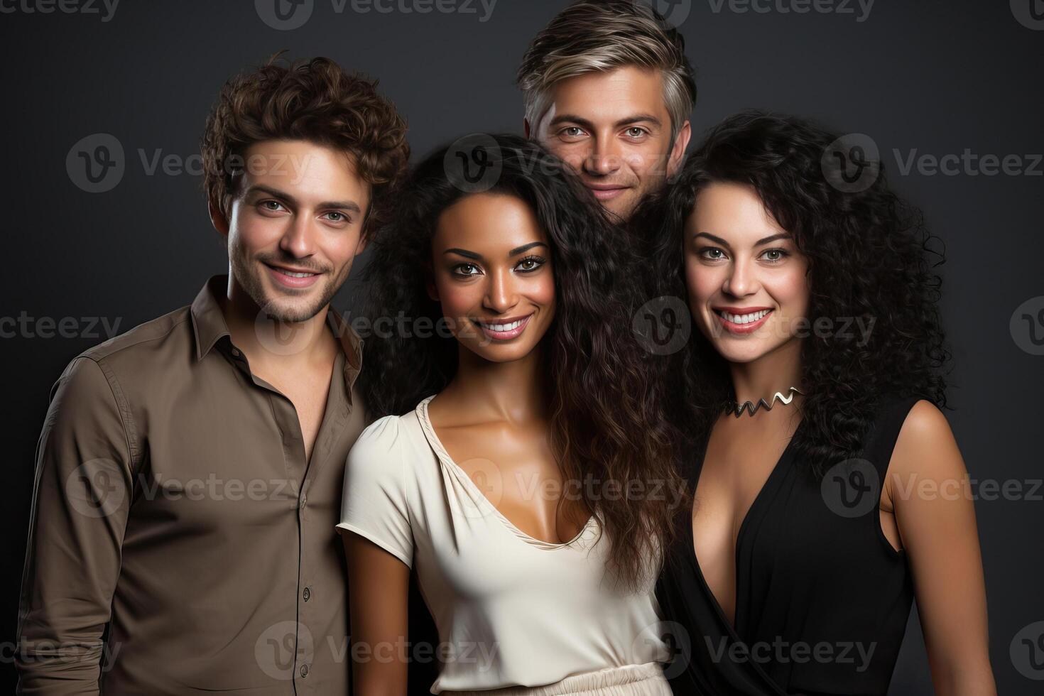 Portrait of four people, two of whom are men of Caucasian appearance and two girls of Caucasian and African appearance. photo