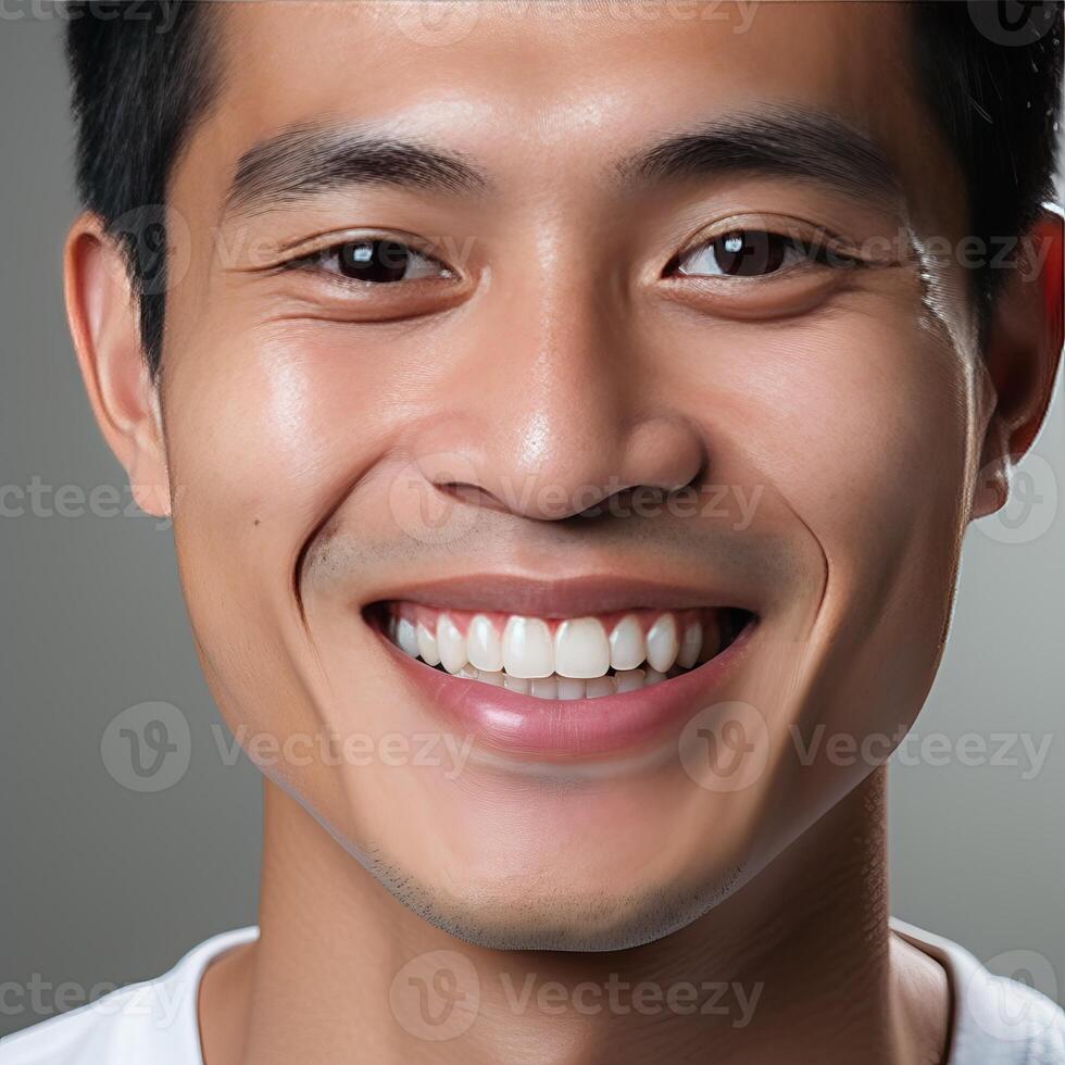 An Asian looking man smiling and having beautiful white and straight teeth. photo
