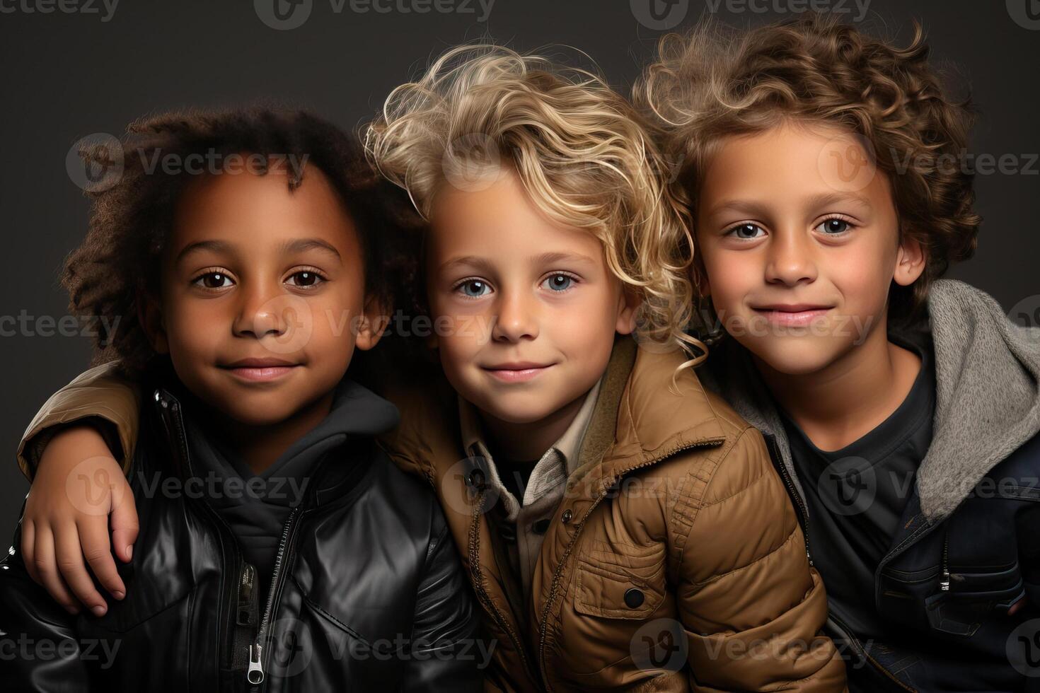 Portrait of three boys of different nationalities in the studio. photo