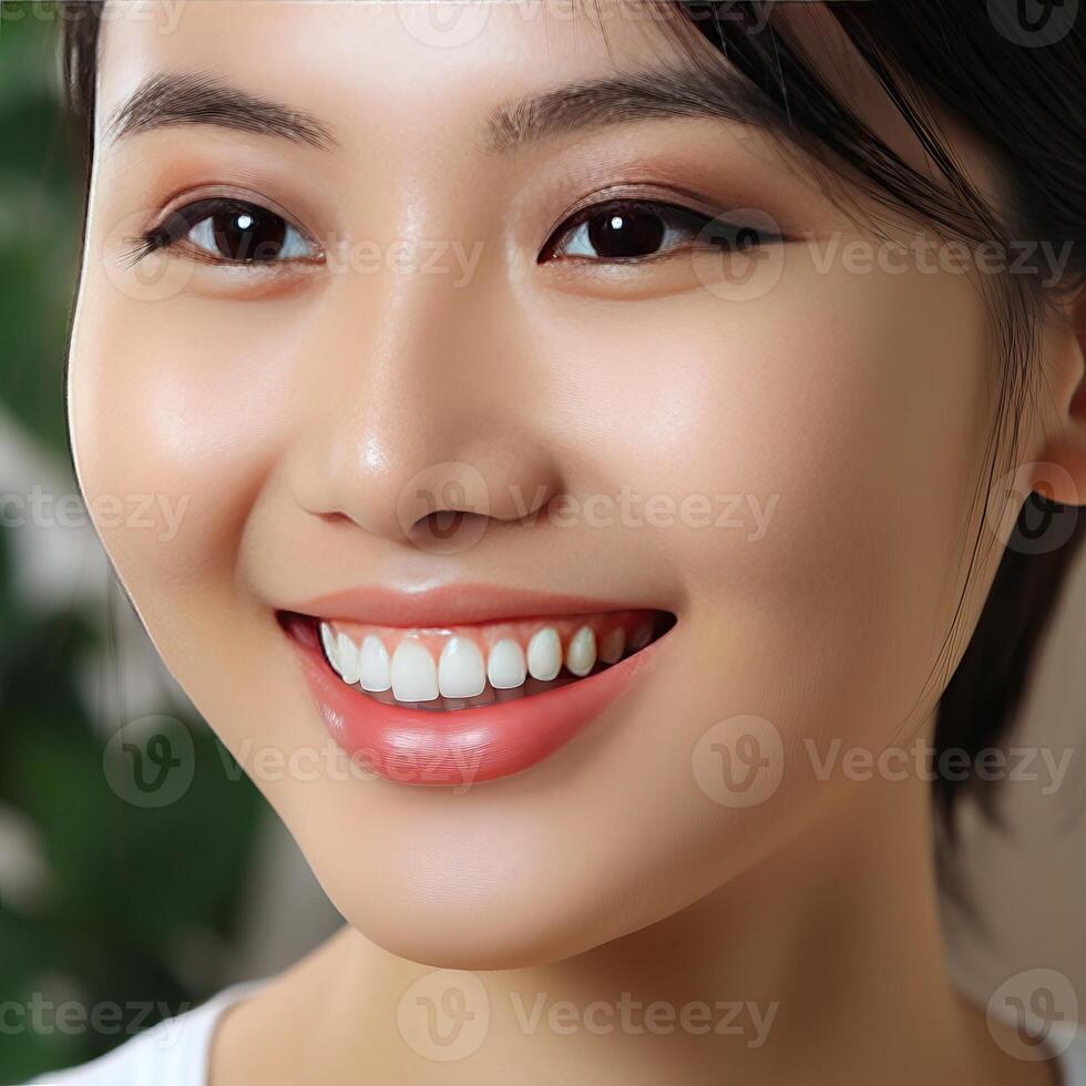 A close-up of the head of a smiling Asian girl with gorgeous white and straight teeth, perfect for advertising for dentists. photo