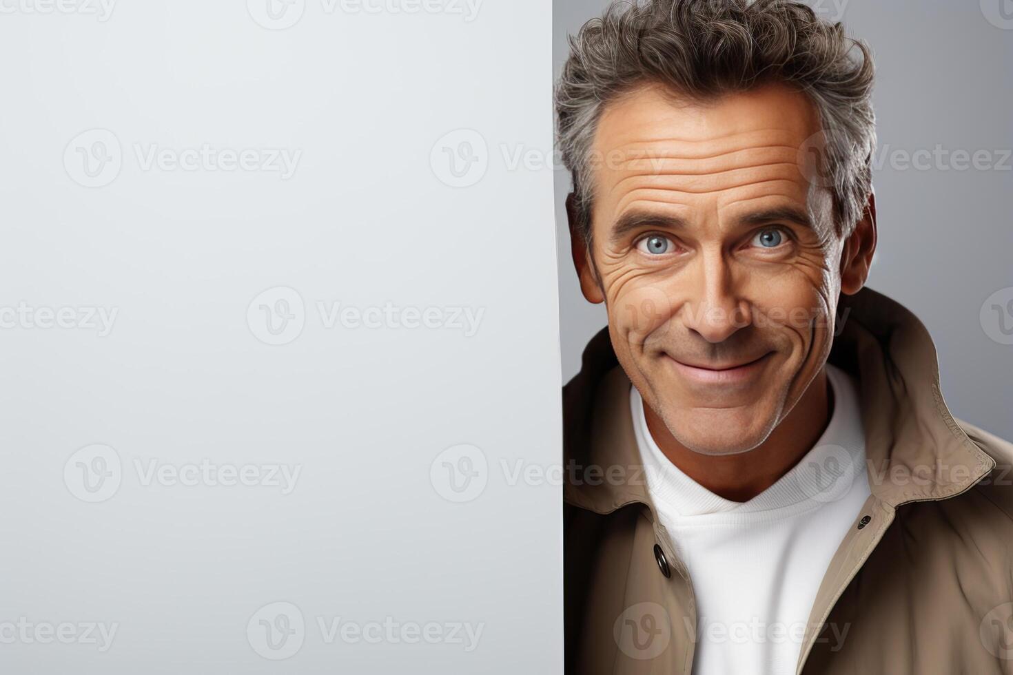 Middle aged Caucasian man standing next to a white poster mockup. photo
