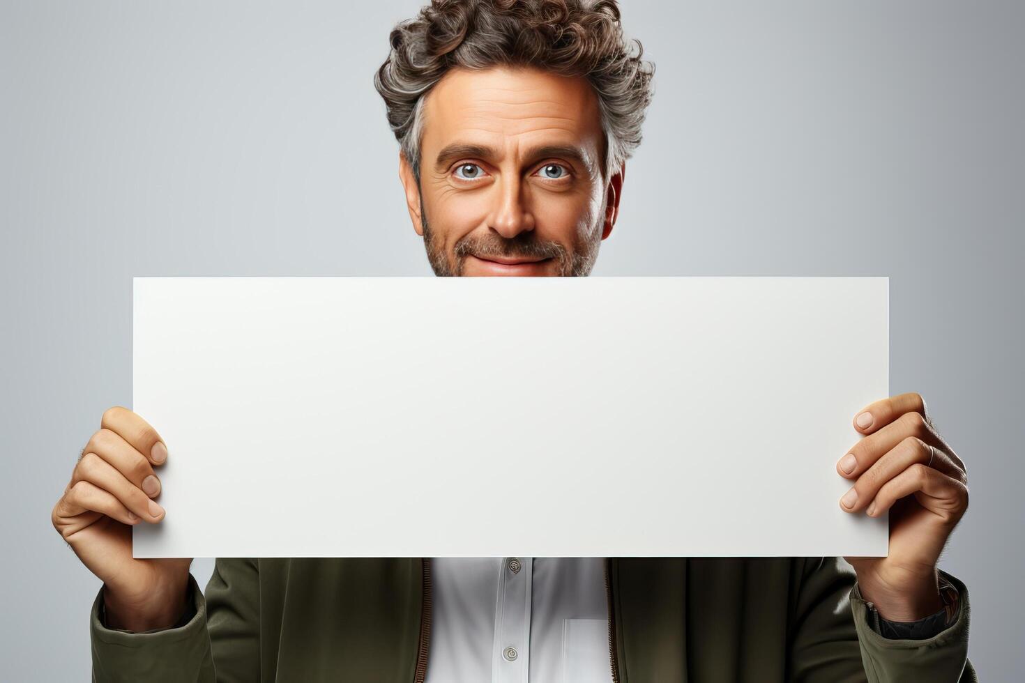 retrato de un hombre participación un blanco horizontal sábana de papel con un sitio para escritura y Bosquejo. foto