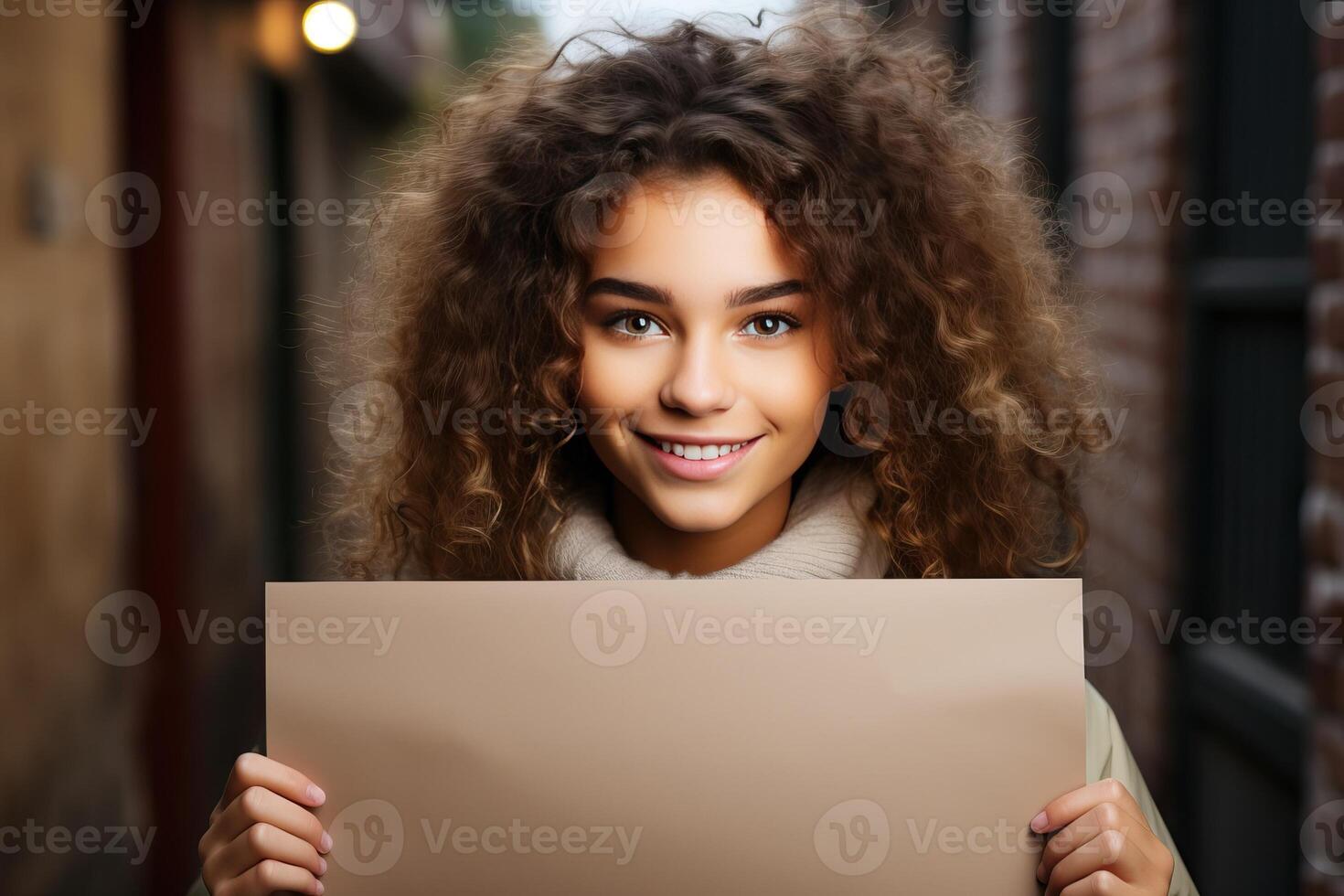 A girl with afro curls holds a blank paper with a mockup in her hands. A person with a white banner on the street. photo