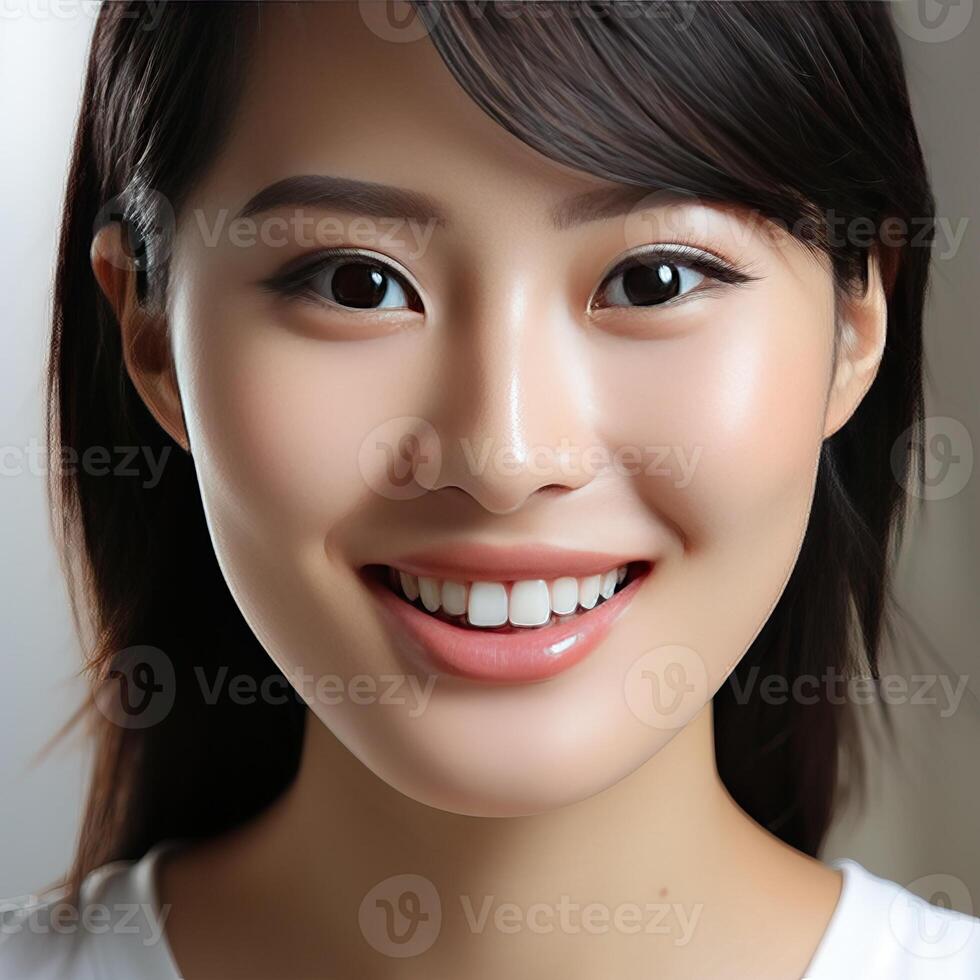 A close-up of the head of a smiling Asian girl with gorgeous white and straight teeth, perfect for advertising for dentists. photo