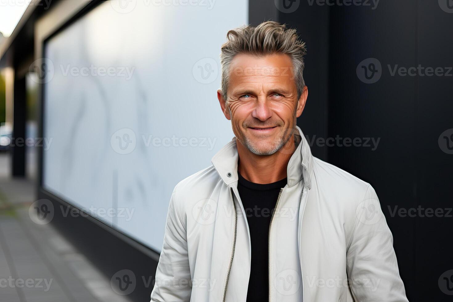 Middle aged Caucasian man standing next to a white poster mockup. photo