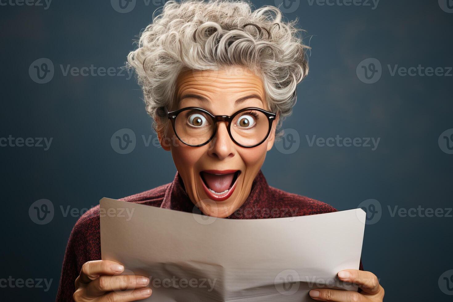 Surprised older and gray-haired granny holding sheets of white letter in her hands. photo