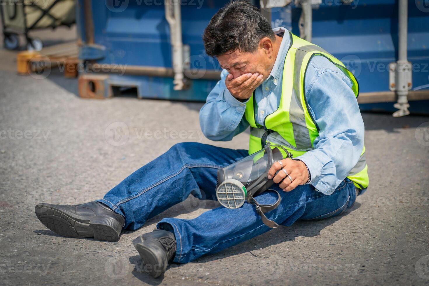 Engineer or foreman has an accident while working on Container ship. Logistics global import or export shipping industrial concept. photo