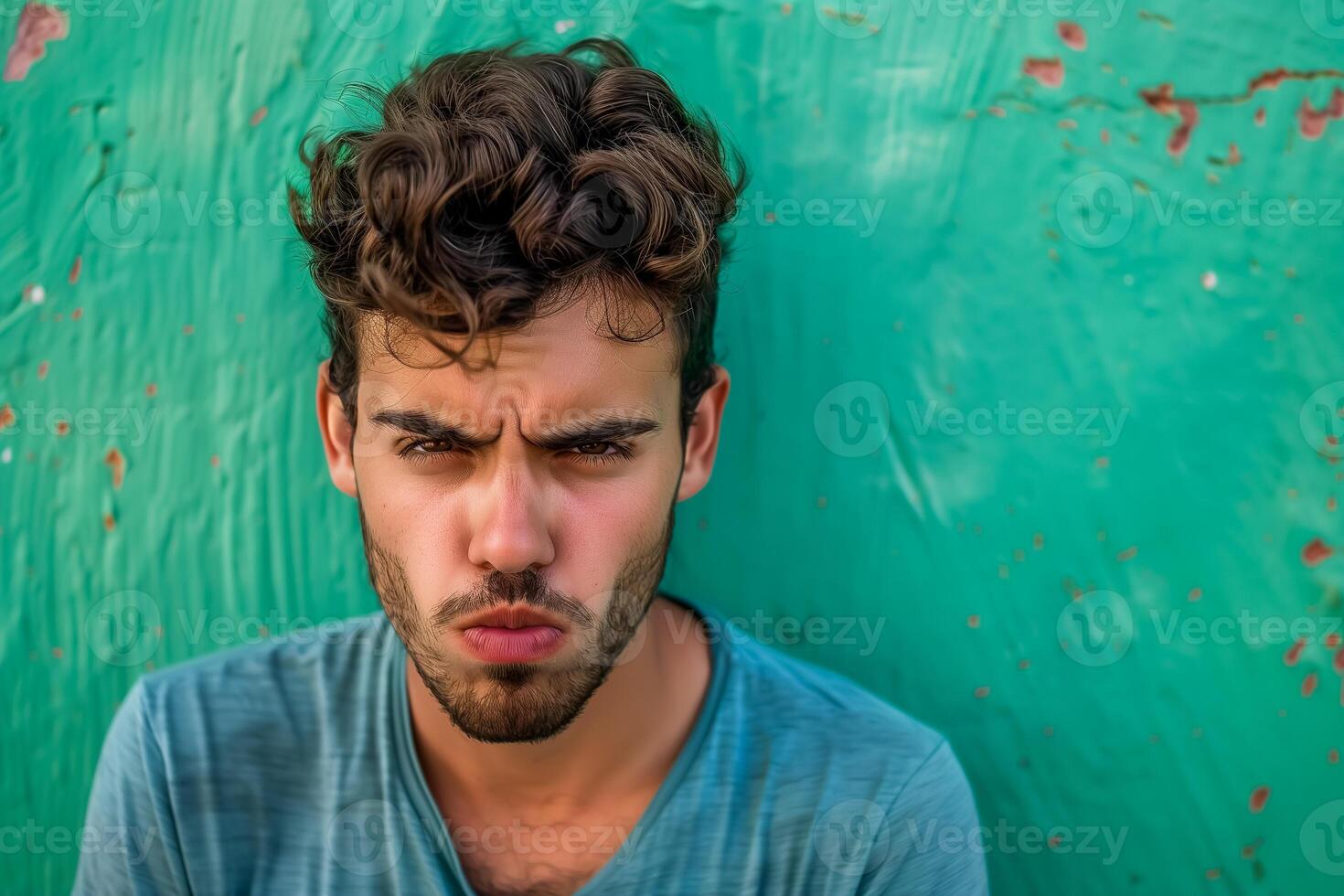 Angry man in front of the green wall. Portrait of young furious man, copy space. photo