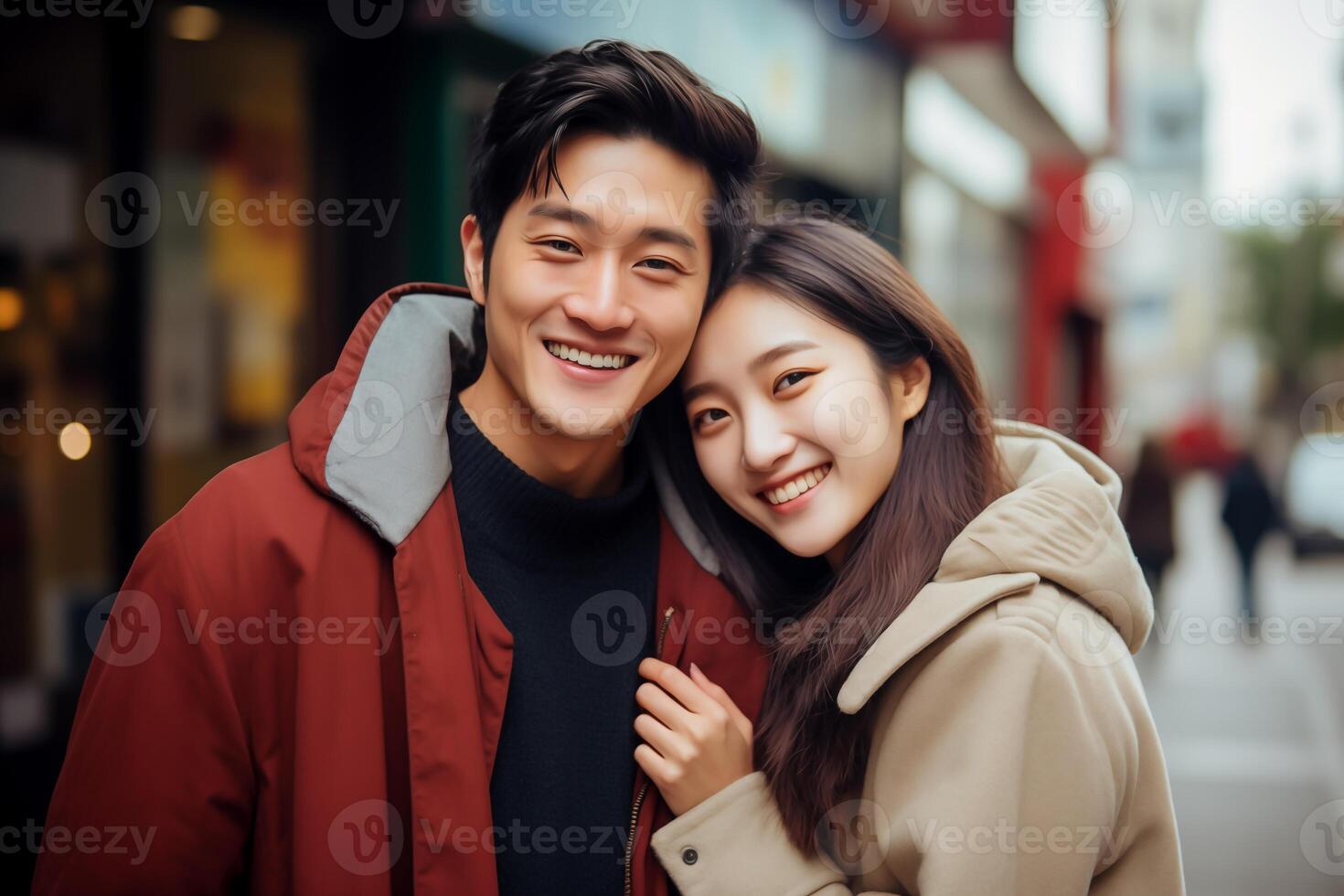 Portrait of young happy asian couple in city photo