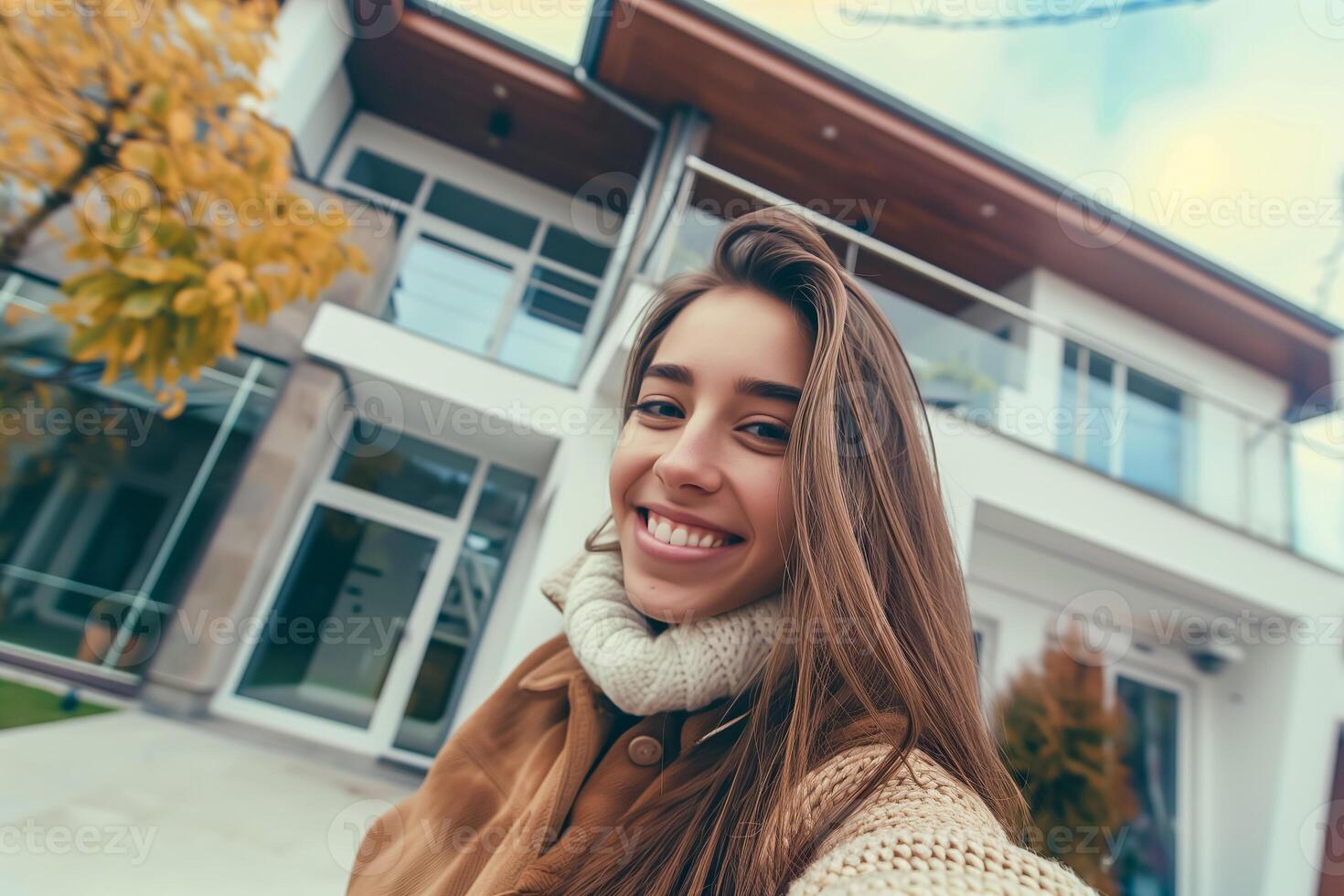 Young happy woman taking selfie in front of the house. Moving to new house. photo