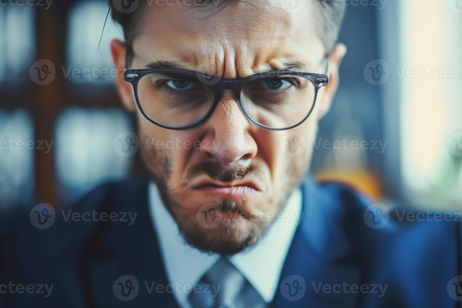 Angry young boss in the office. Furious businessman, closeup. photo