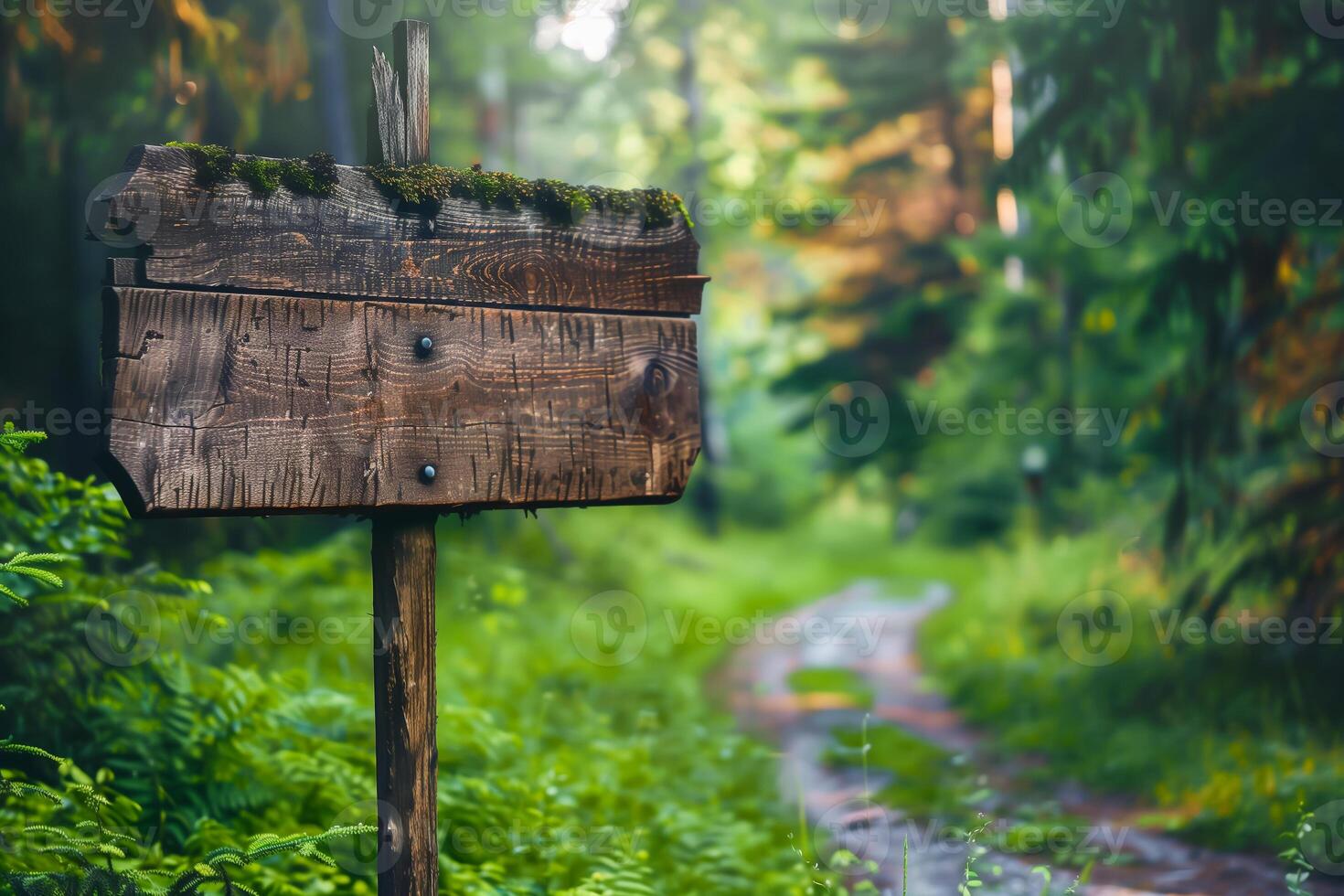 Empty wood road sign near the forest road, copy space photo