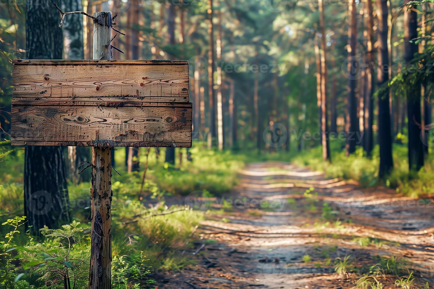 Empty wood road sign near the forest road, copy space photo