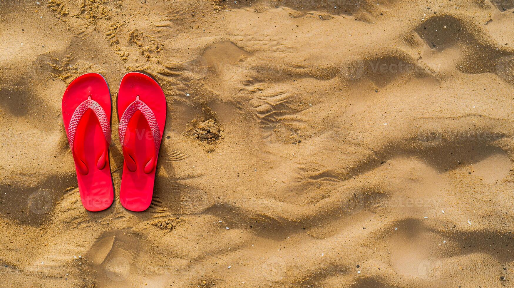Red flip flops on beach sand, top view. Summer holiday background, copy space. photo